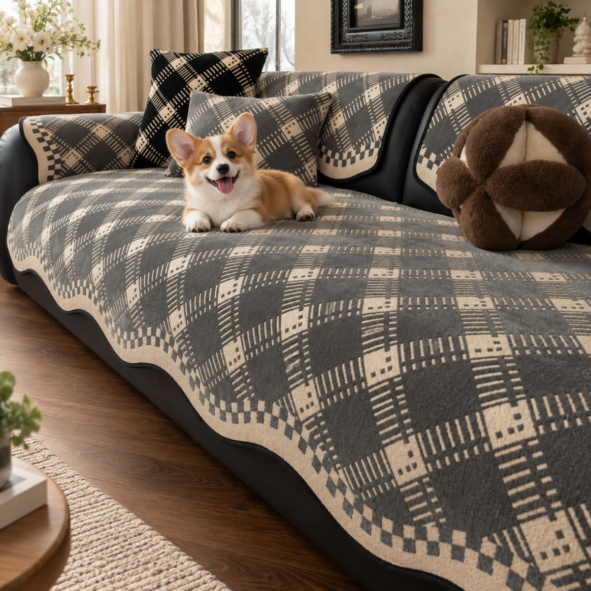 Non-Slip Sofa Cover | Checked Chenille with Plush Edging | Machine Washable