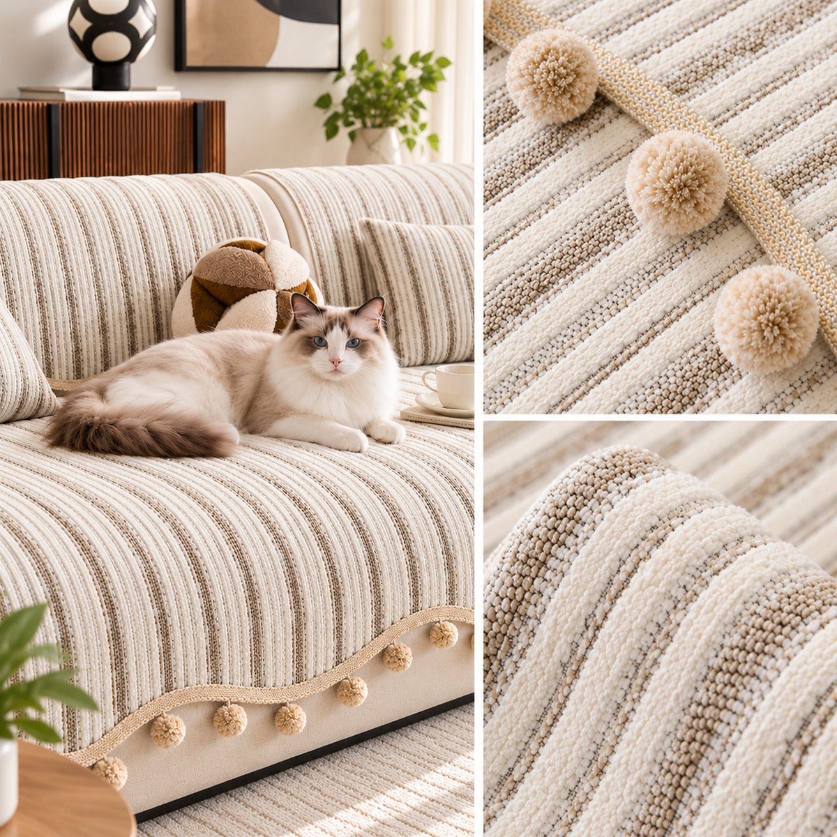 Striped Chenille Sofa Cover | Cat-Scratch-Resistant Sofa Protector | Washable & Non-Slip