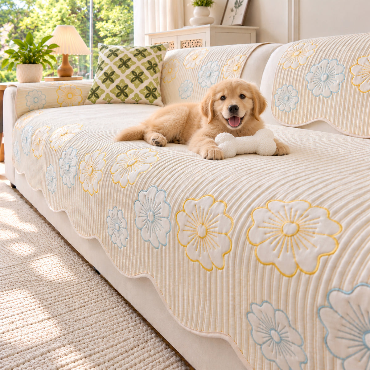 Quilted Floral Cotton Sofa Cover | Non-Slip & Machine Washable