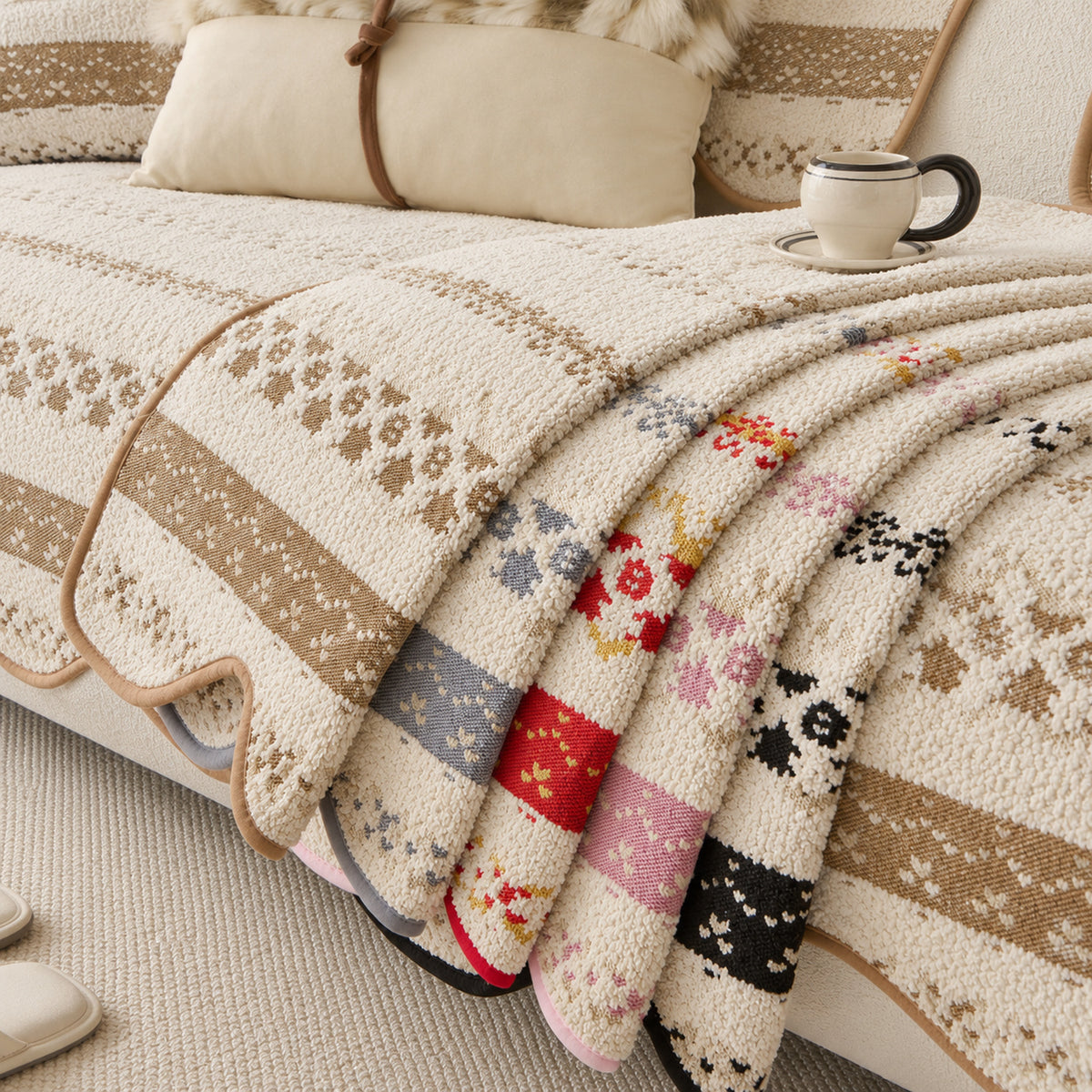 Plush Sofa Cover | Geometric Pattern with Non-Slip Backing
