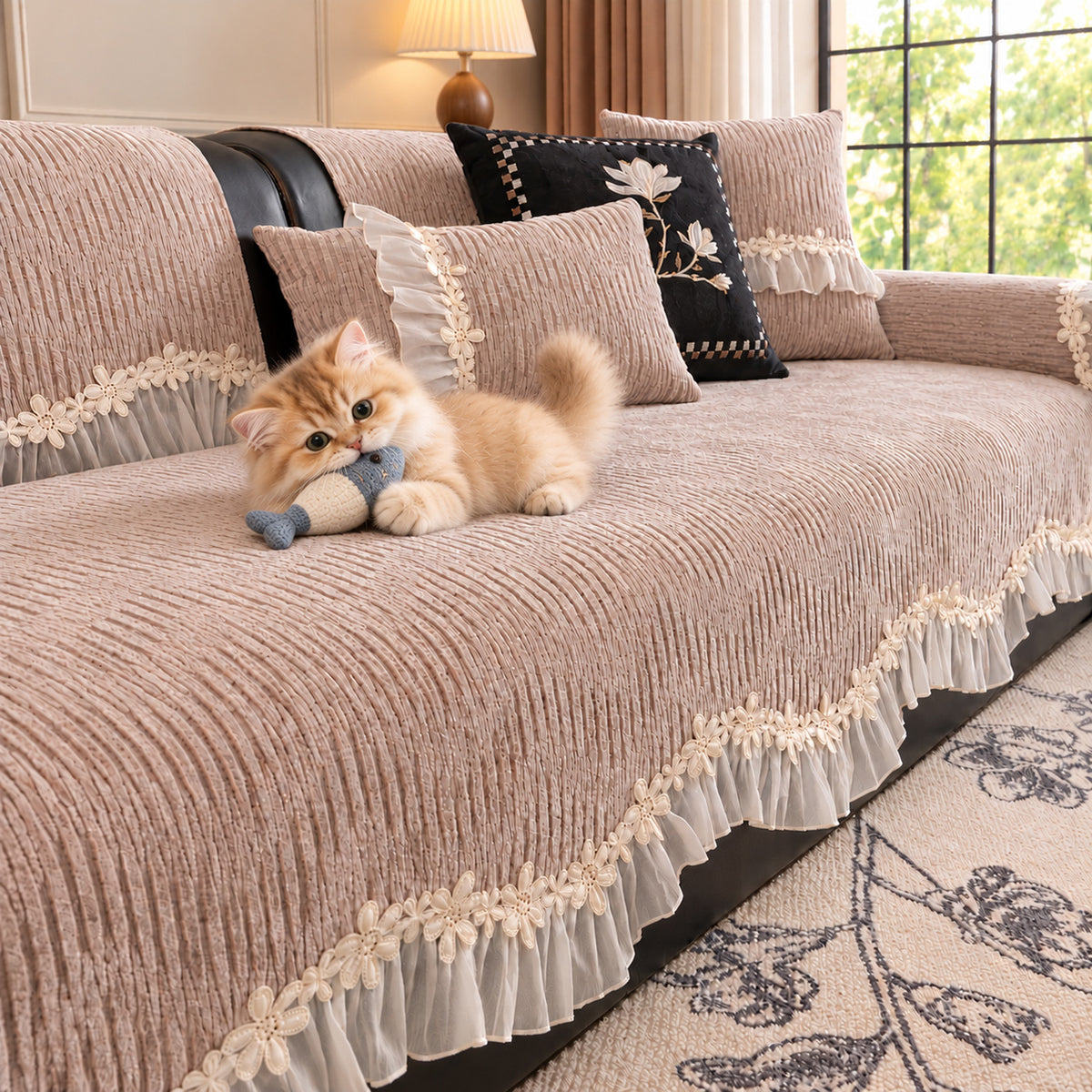 Chenille Sofa Cover | Non-Slip & Machine-Washable | Sofa Protector with Lace Trim