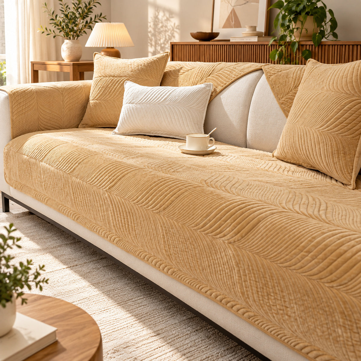 Plush Sofa Cover with Wavy Stitching | Non-Slip & Machine Washable
