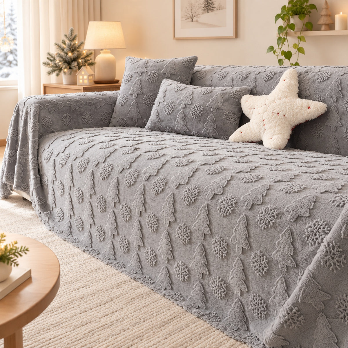 Christmas Sofa Cover | Plush Winter Sofa Throw with Raised Tree Pattern | Machine Washable