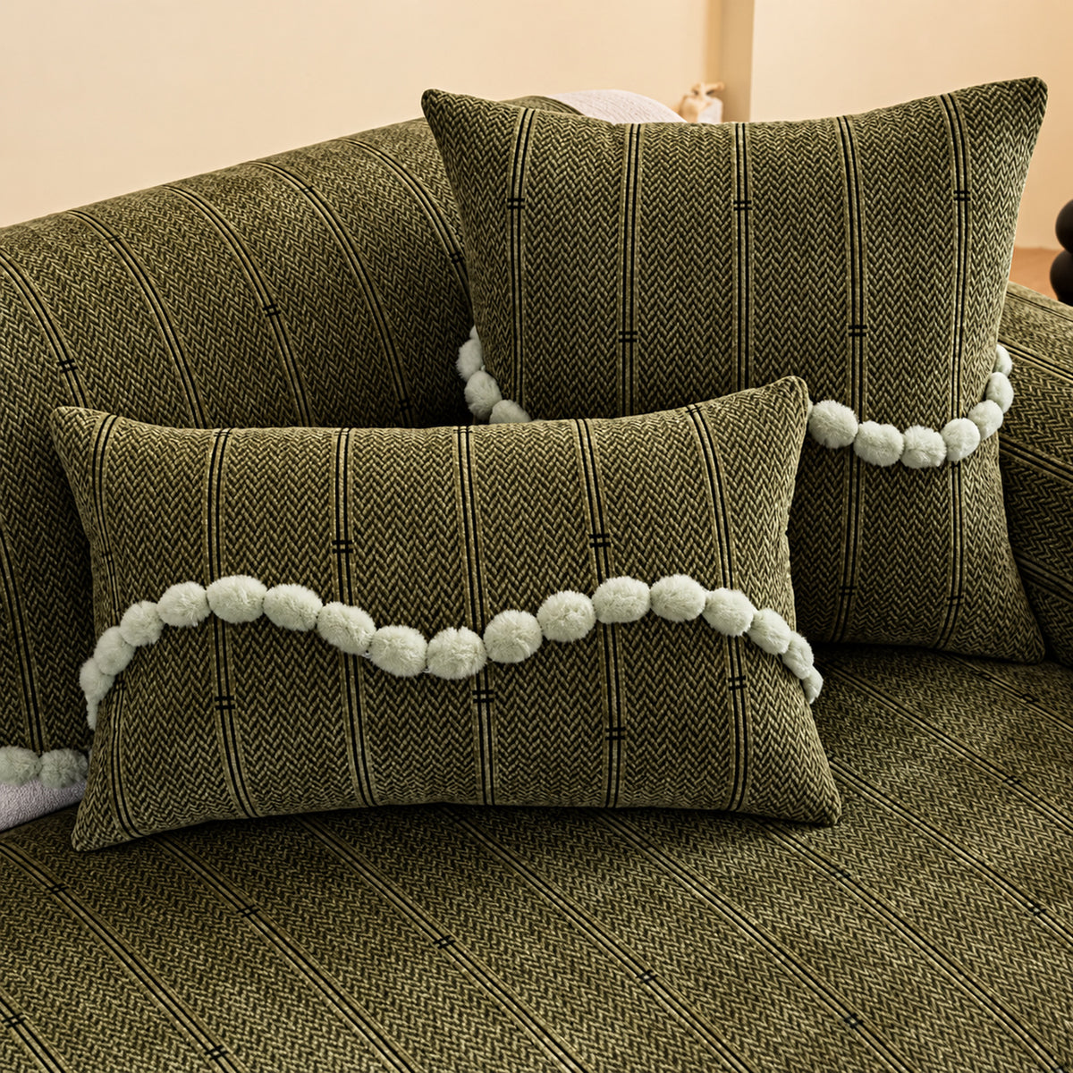 Chenille Sofa Cover with Pom-Pom Trim | Non-Slip & Machine Washable