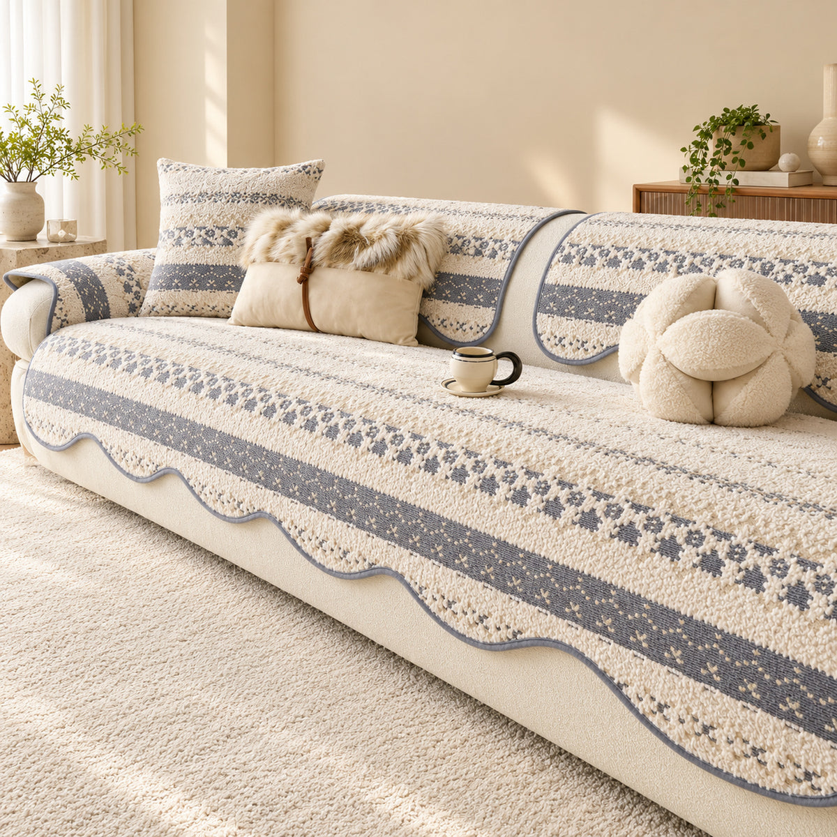 Plush Sofa Cover | Geometric Pattern with Non-Slip Backing