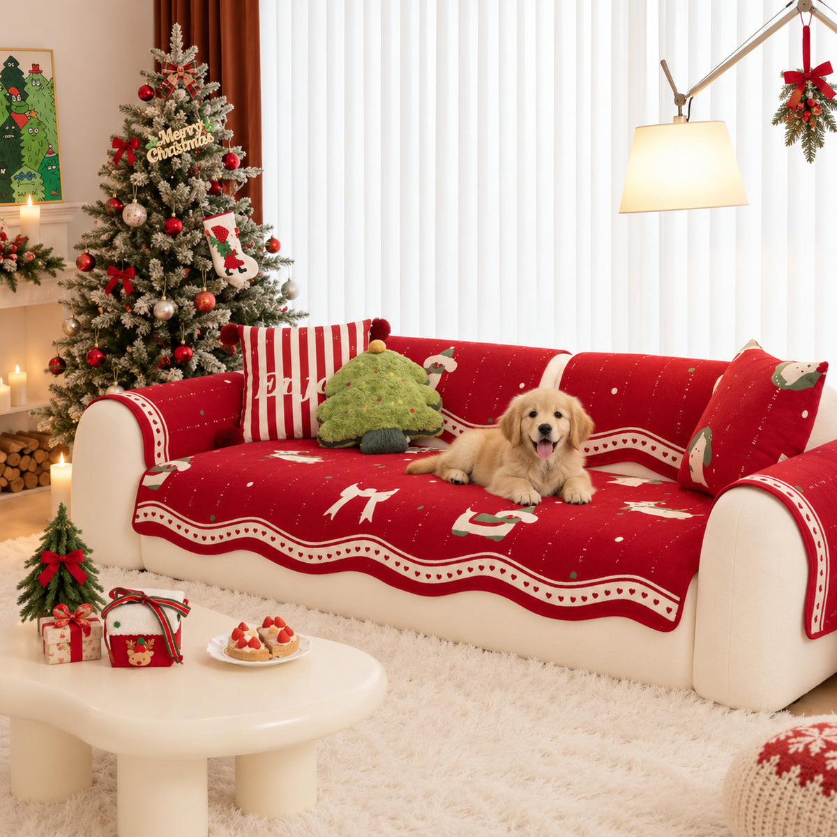 Christmas Sofa Cover | Red Chenille | Non-Slip & Washable