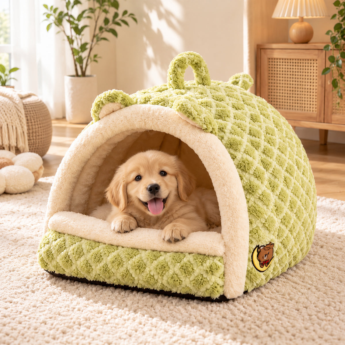 Dog Bed & Cat Bed | Warm Fleece Cave with Fold-Down Front