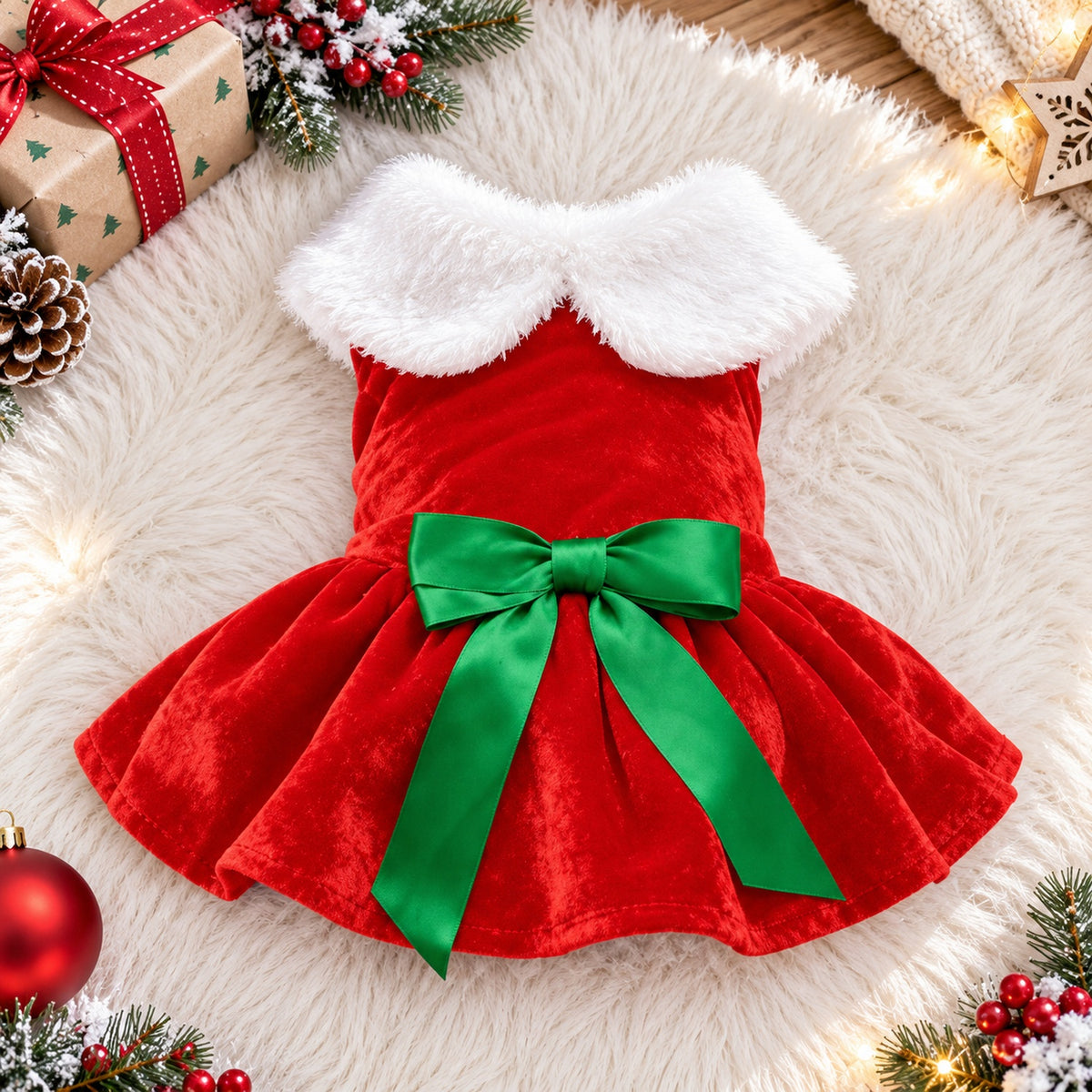 Christmas Dog Outfit | Velvet Dress for Dogs & Cats with Oversized Bow & Flared Skirt