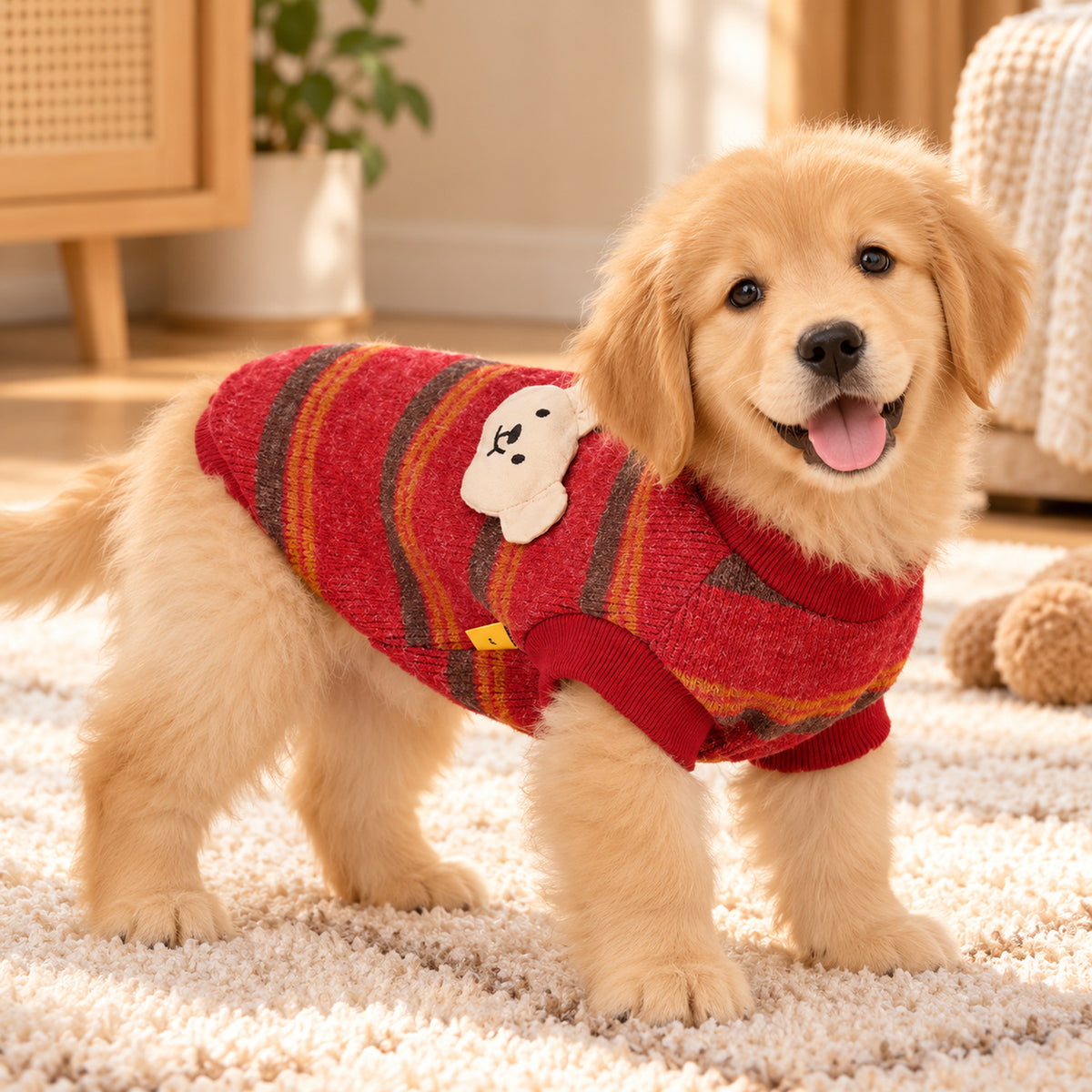 Dog Jumper with Bear Patch | Cosy Striped Winter Sweater