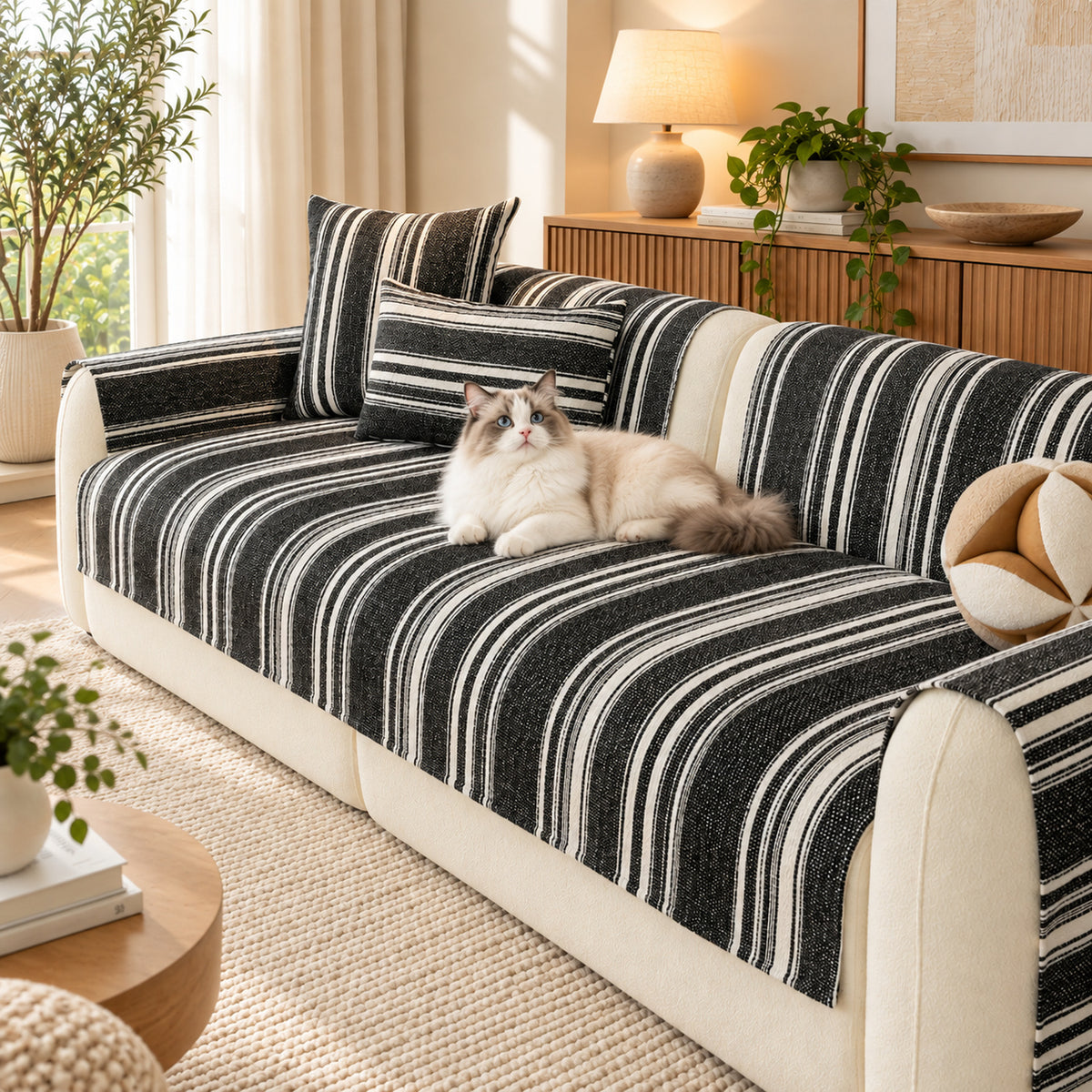 Striped Chenille Sofa Cover | Non-Slip Sofa Protector | Scratch-Resistant