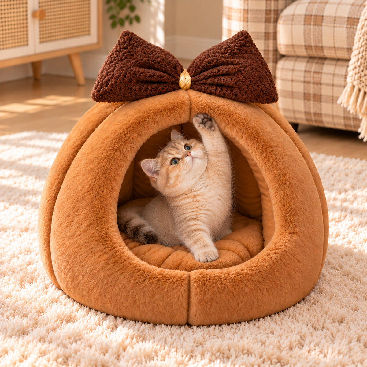 Cat Bed & Small Dog Bed | Cosy Cave with Bow Detail & Washable Cushion