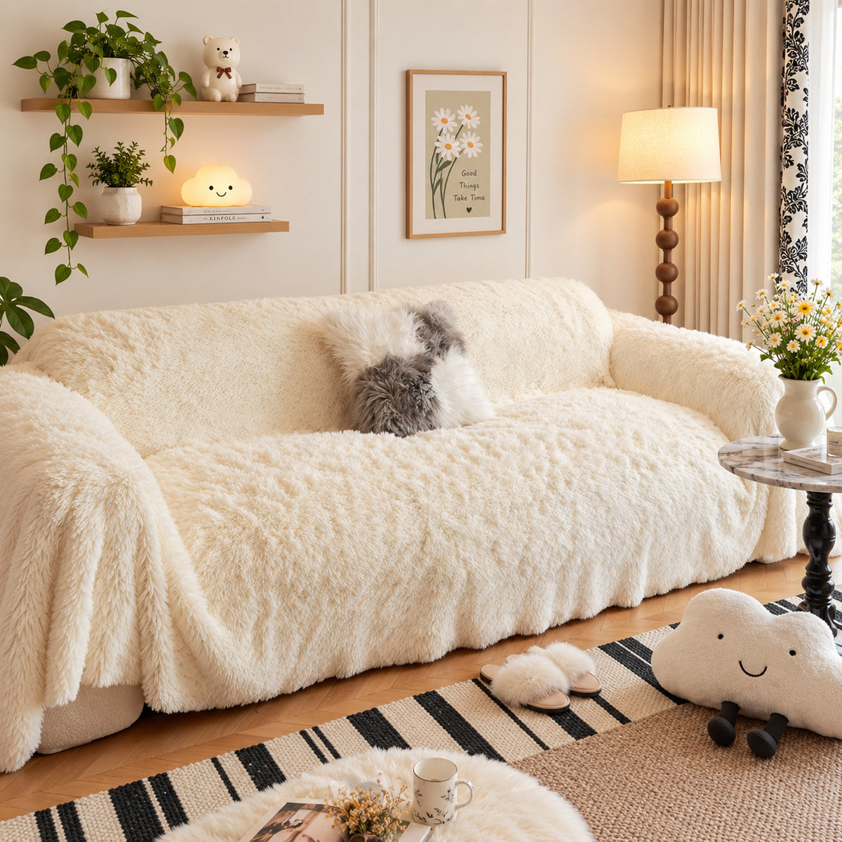 Sofa Cover | Plush Flannel Sofa Throw | Long-Pile Sofa Protector