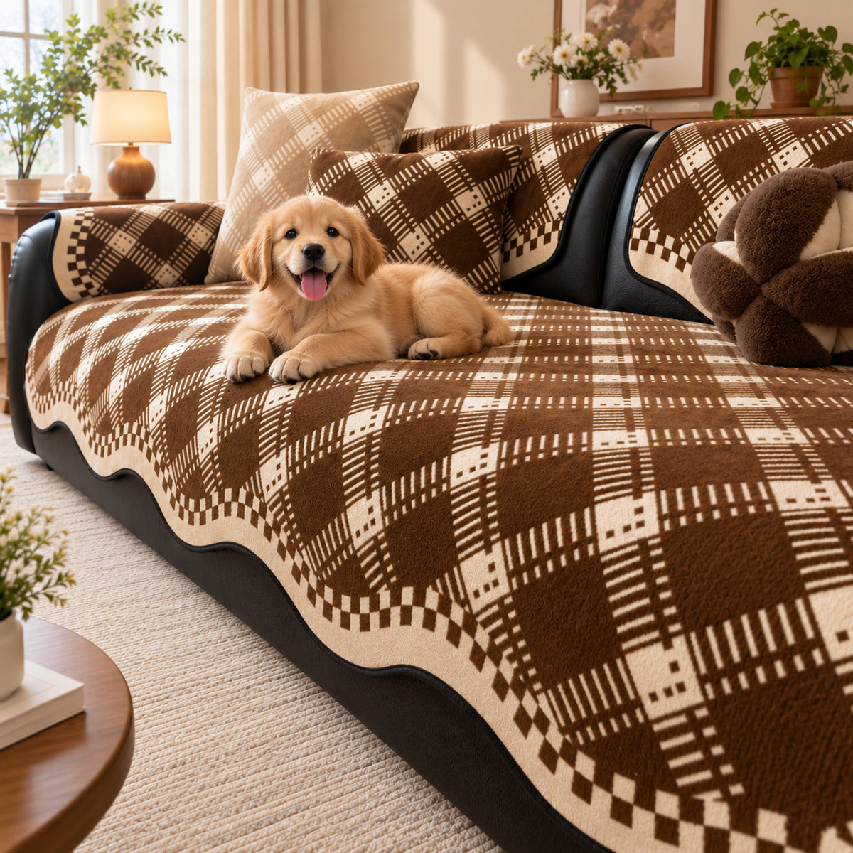 Non-Slip Sofa Cover | Checked Chenille with Plush Edging | Machine Washable