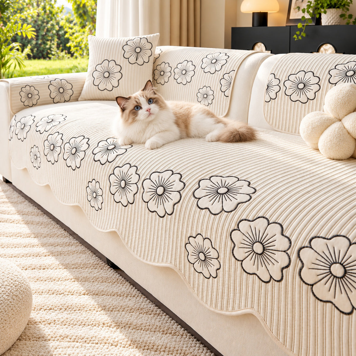 Quilted Floral Cotton Sofa Cover | Non-Slip & Machine Washable