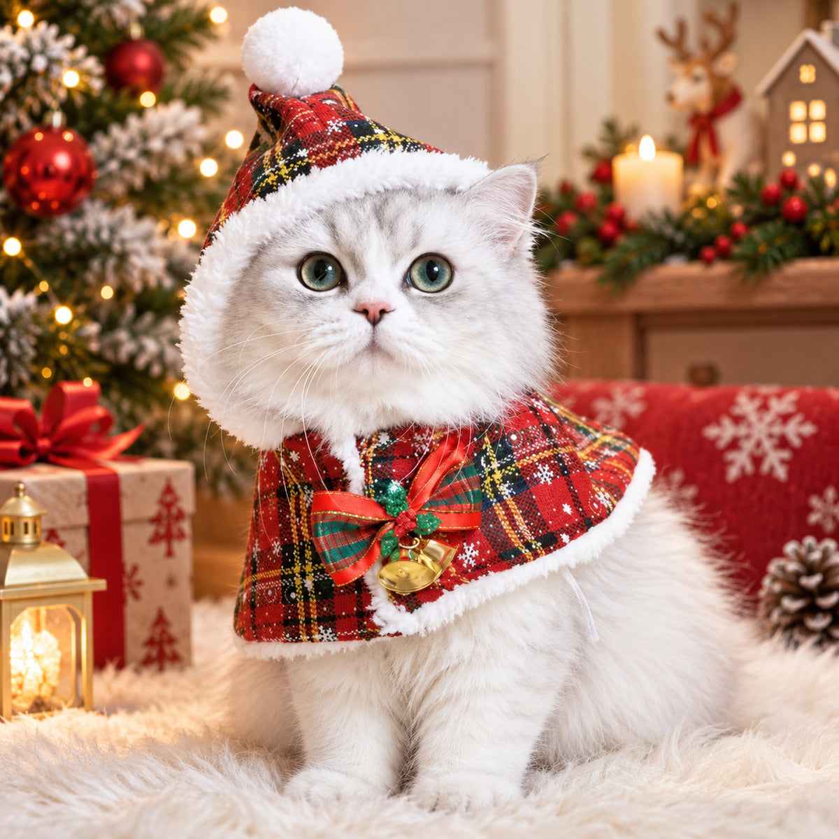 Christmas Dog Outfit | Fleece-Lined Tartan Cape for Dogs & Cats