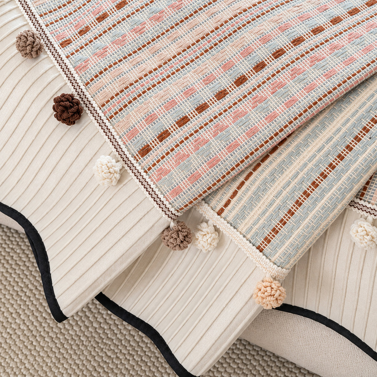 Sofa Cover in Chenille with Pom-Pom Trim | Non-Slip & Scratch-Resistant