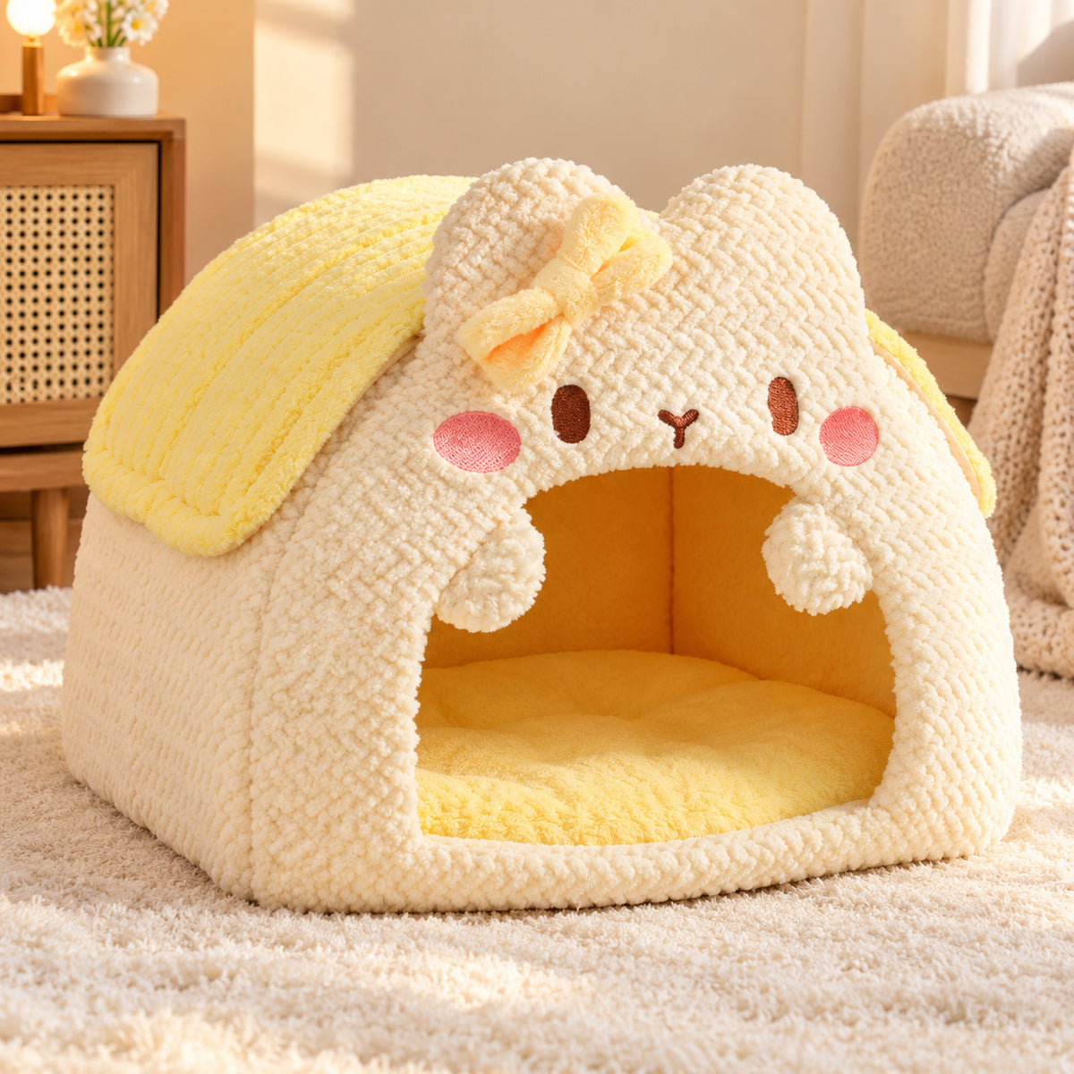 Small Dog Bed & Cat Bed | Washable Bunny-Shaped Cave | Cosy All-Season Hideaway