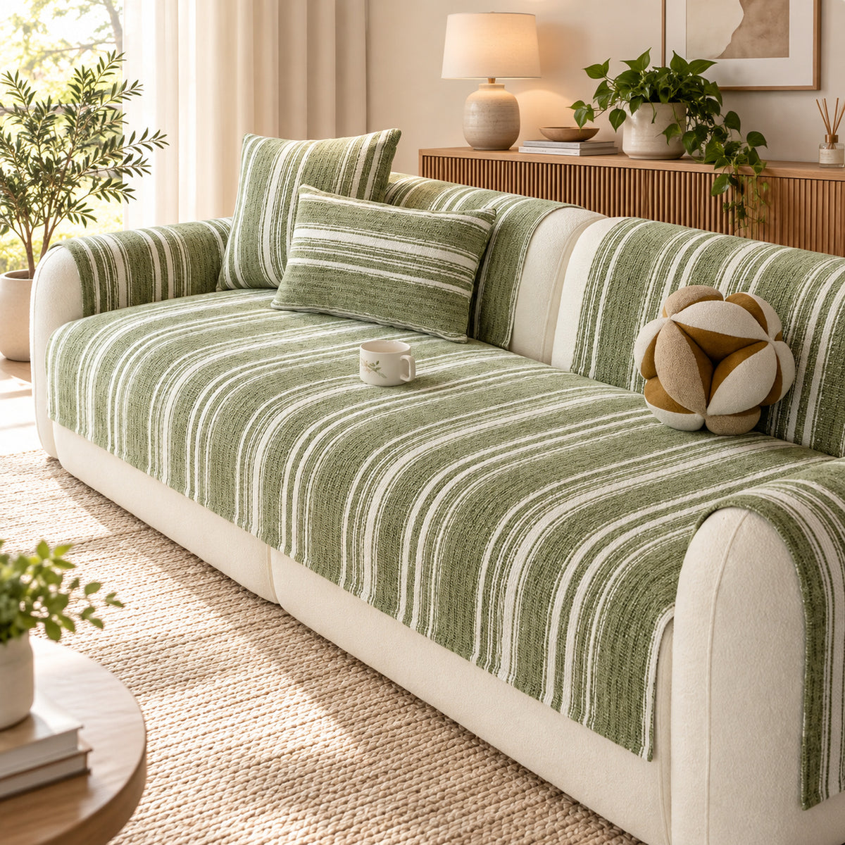 Striped Chenille Sofa Cover | Non-Slip Sofa Protector | Scratch-Resistant