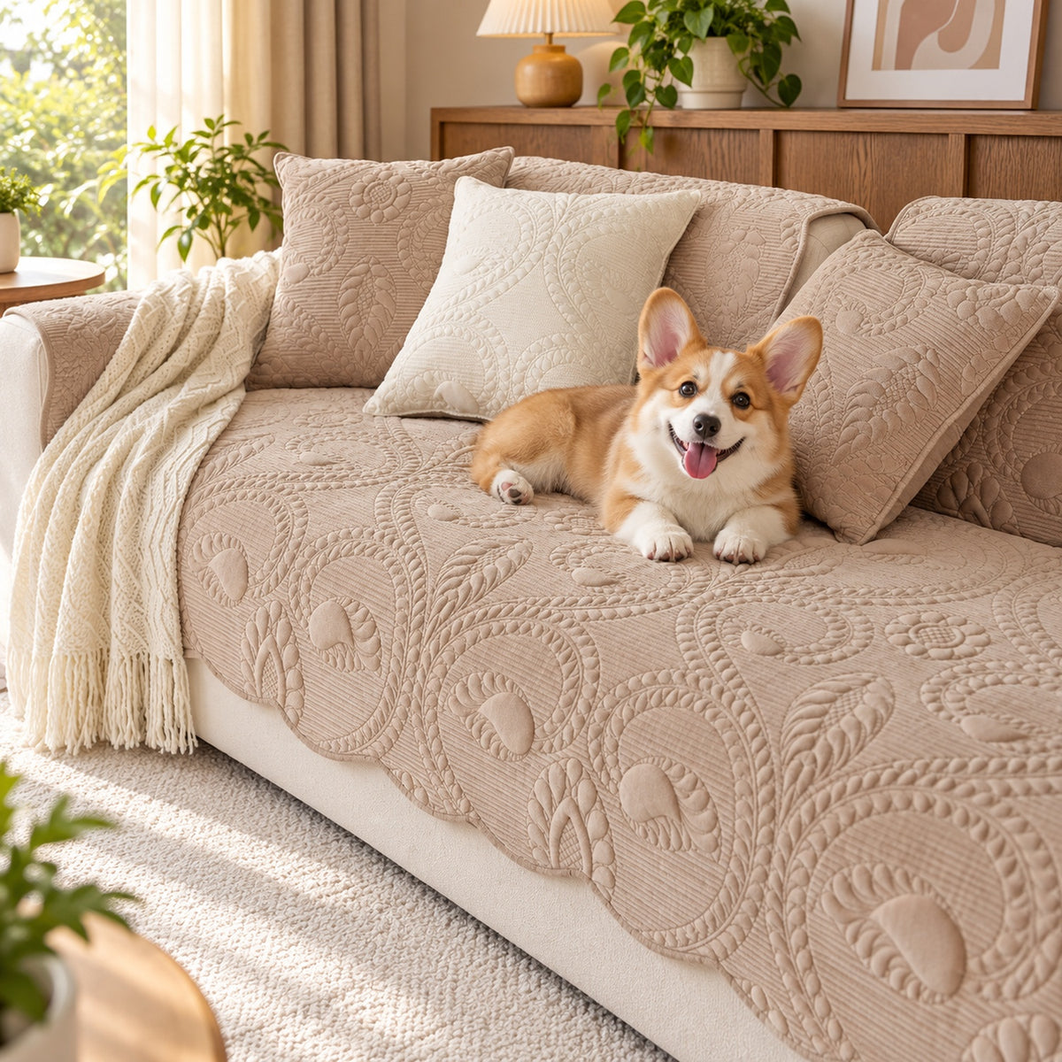 Paisley Sofa Cover | Non-Slip Flannel Sofa Protector | Machine Washable & Pet-Friendly
