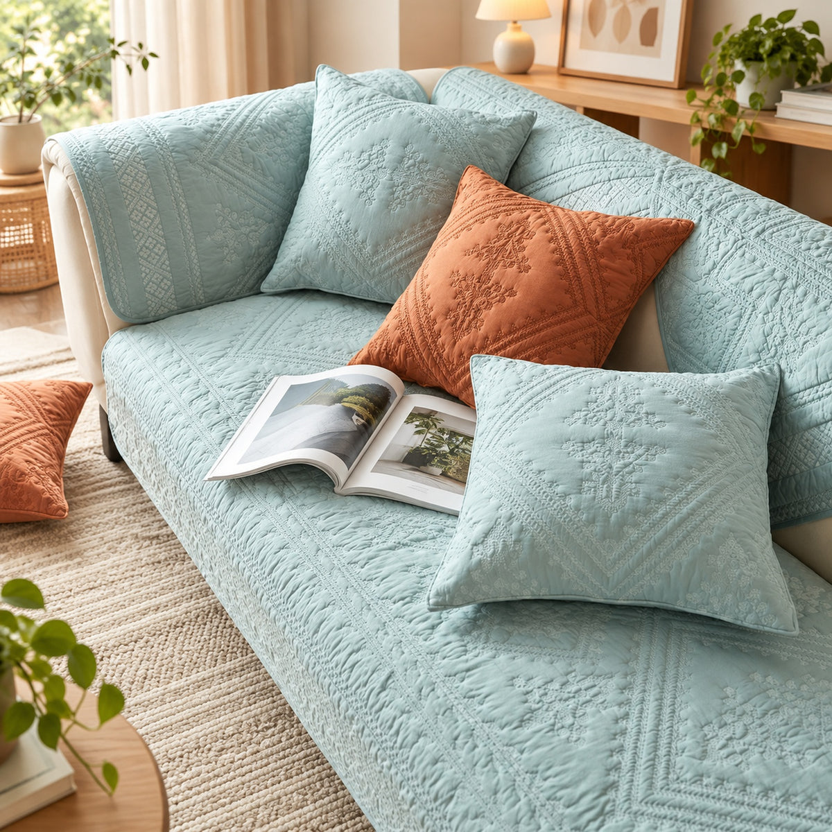 Diamond Sofa Cover | 100% Washed Cotton | Non-Slip & Washable