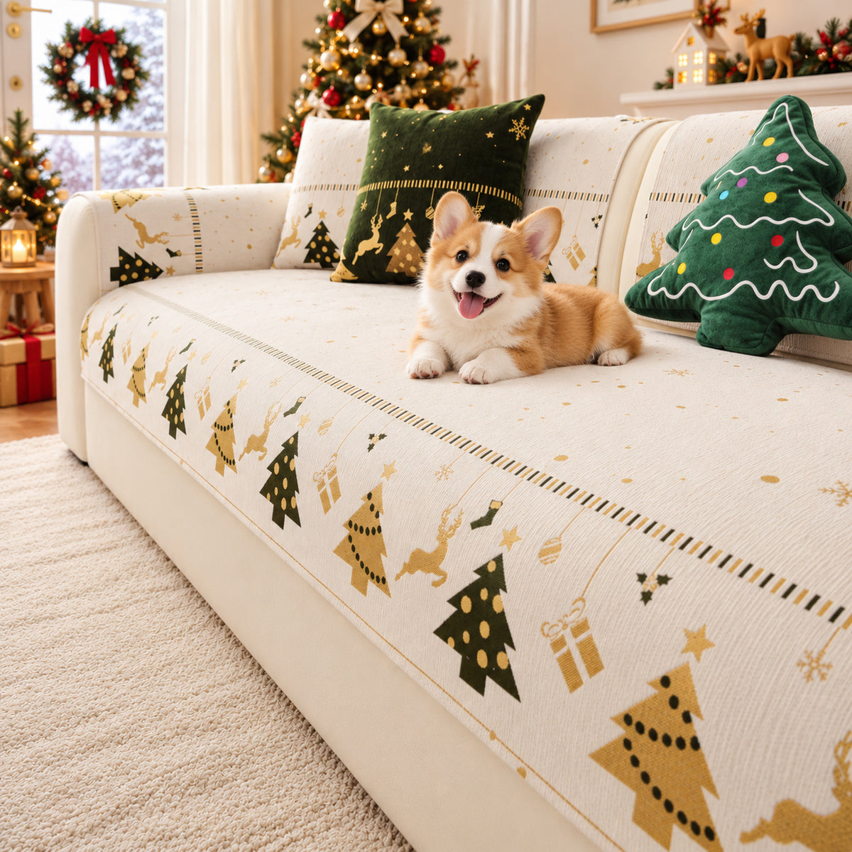Christmas Sofa Cover | Scratch-Resistant Chenille | Non-Slip Backing