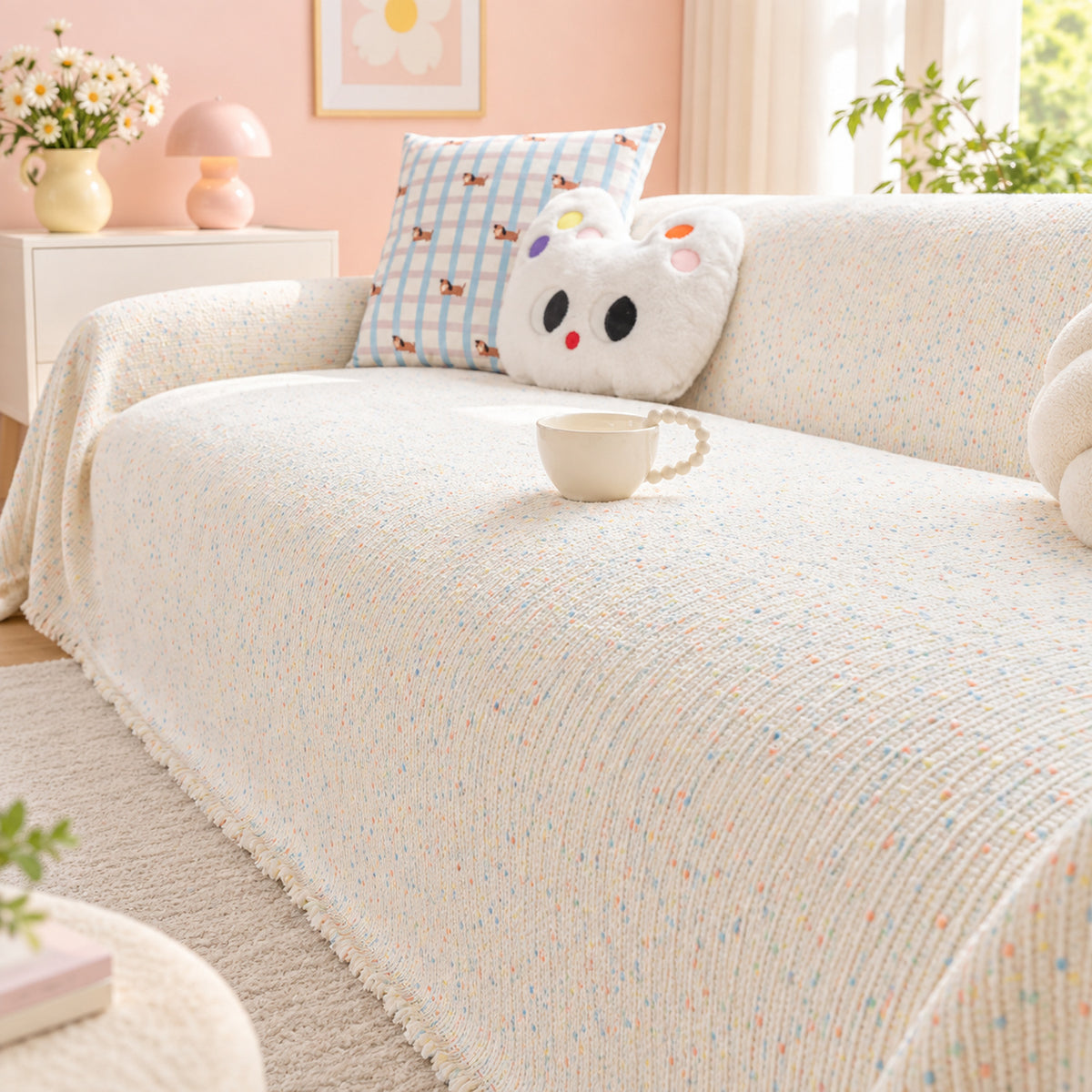 Pastel Colour Chenille Sofa Cover | Non-Slip & Machine-Washable