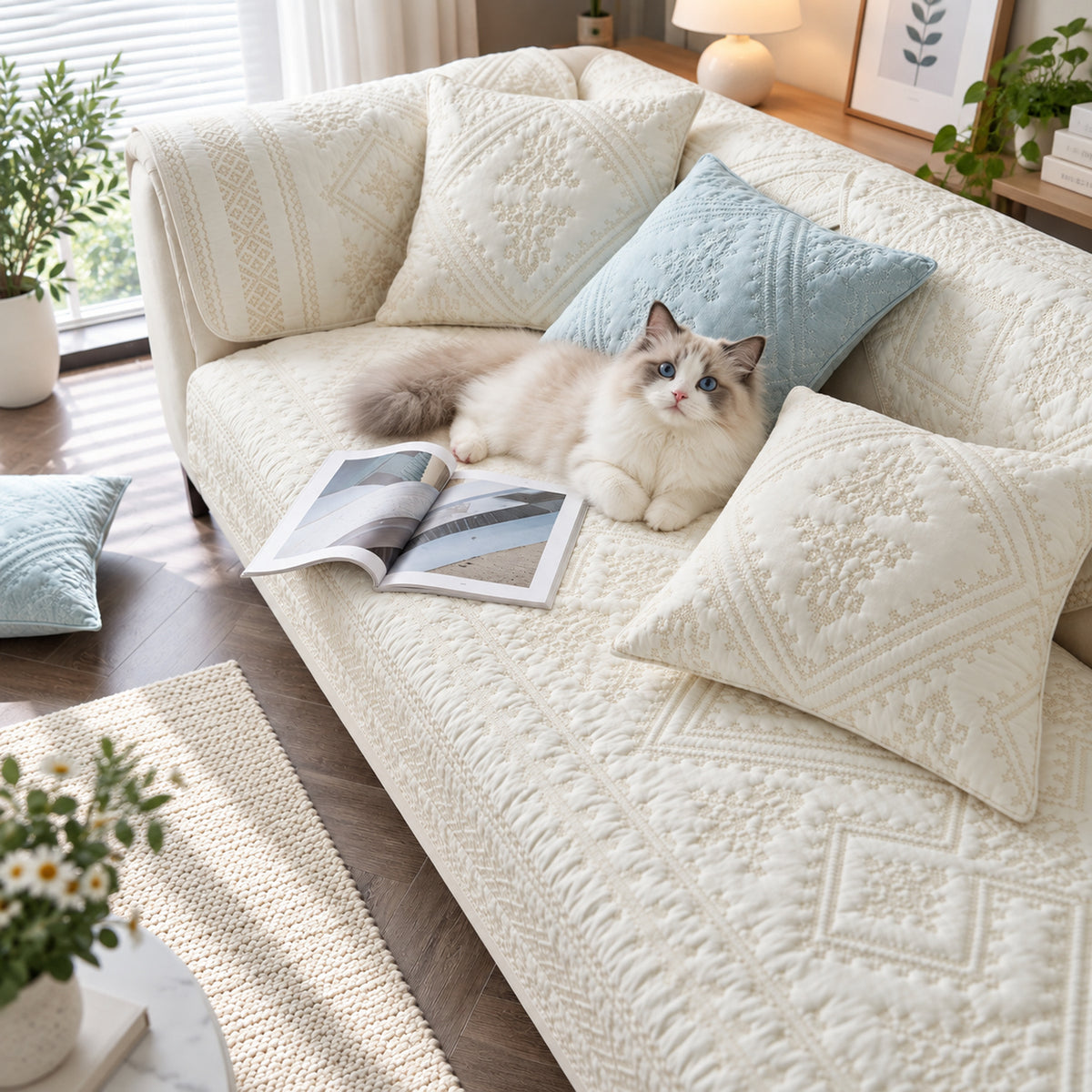 Diamond Sofa Cover | 100% Washed Cotton | Non-Slip & Washable