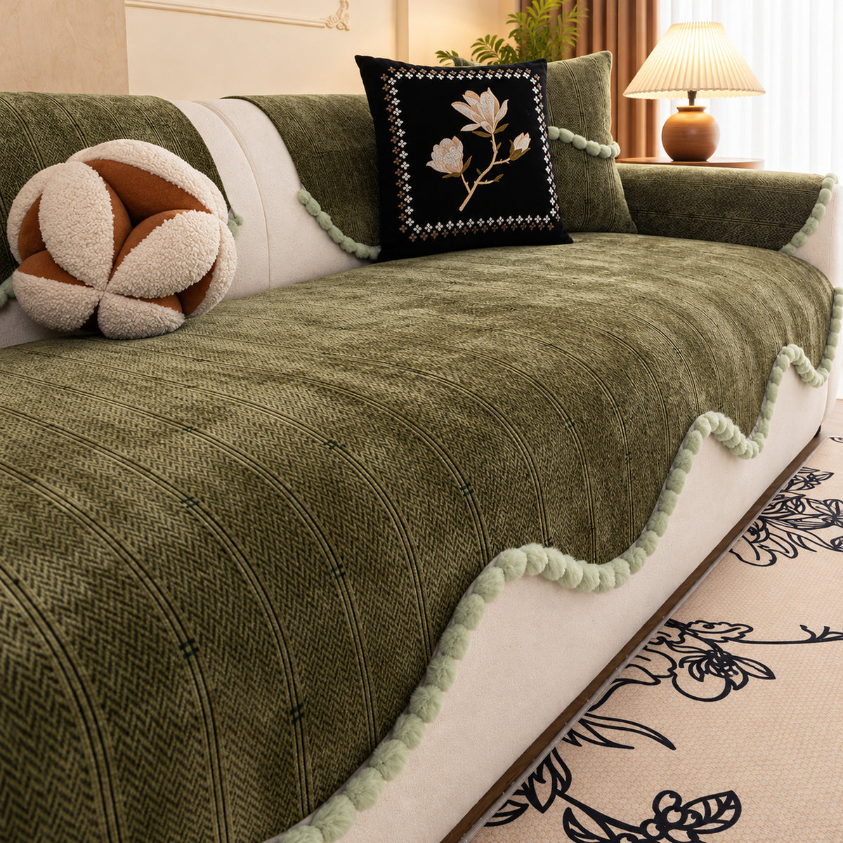 Chenille Sofa Cover with Pom-Pom Trim | Non-Slip & Machine Washable