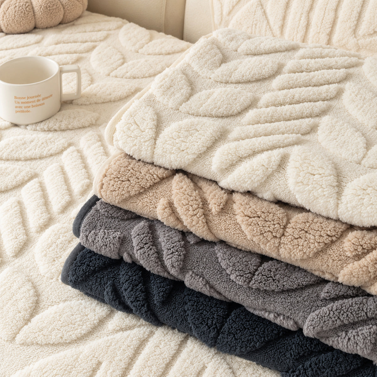 Leaf-Pattern Soft Fleece Sofa Cover | Non-Slip & Machine Washable