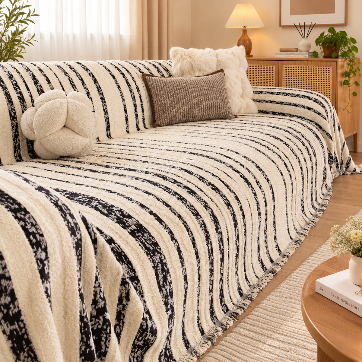 Non-Slip Sofa Cover | Reversible Striped Sofa Throw | Machine Washable