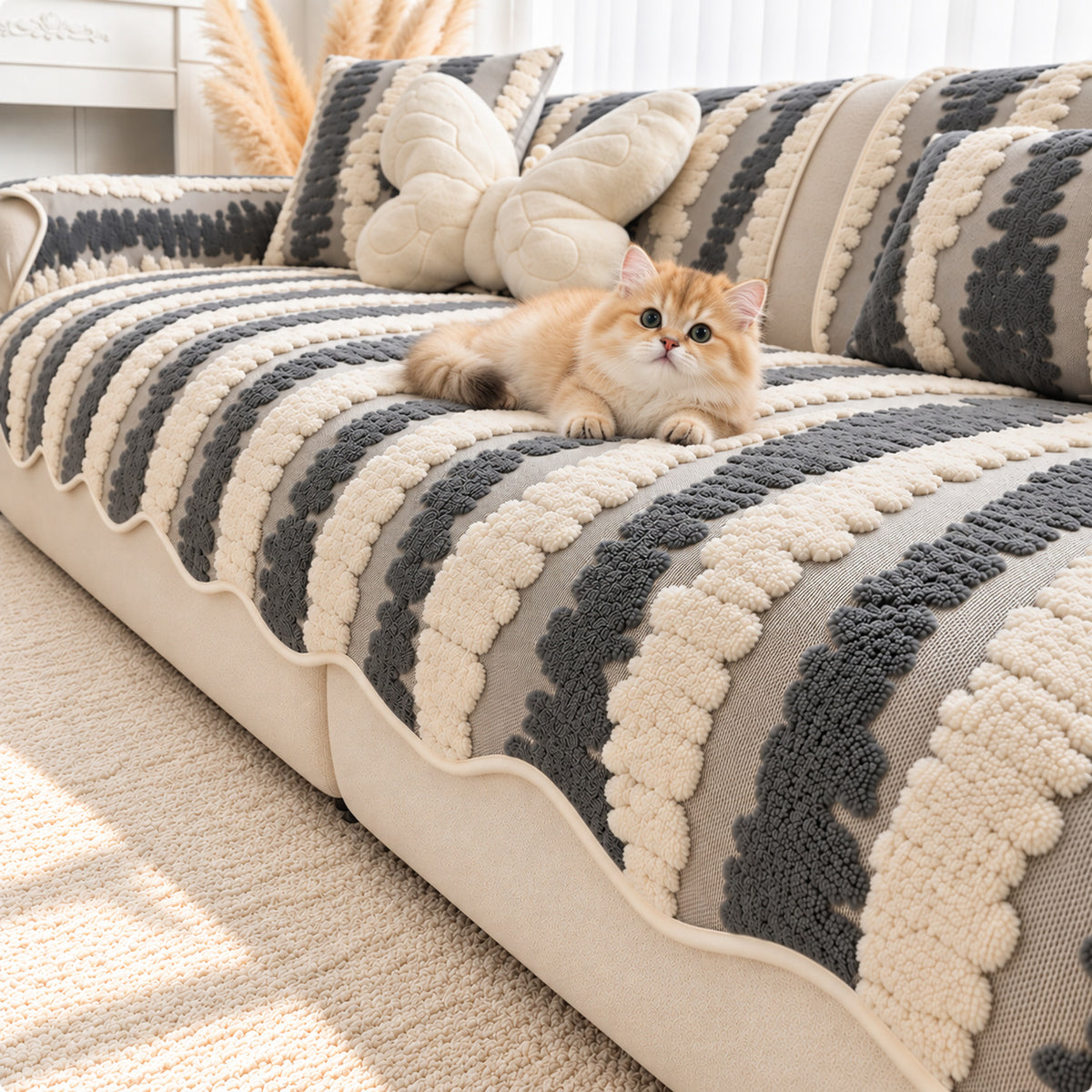 Plush Sofa Cover | Tufted Stripe Design | Non-Slip & Machine Washable