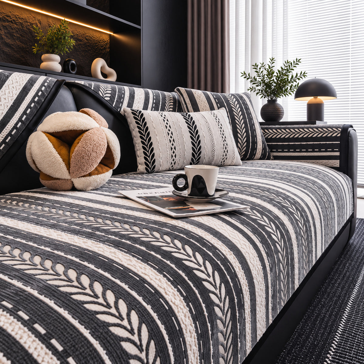 Botanical Stripe Chenille Sofa Cover | Non-Slip, Machine Washable