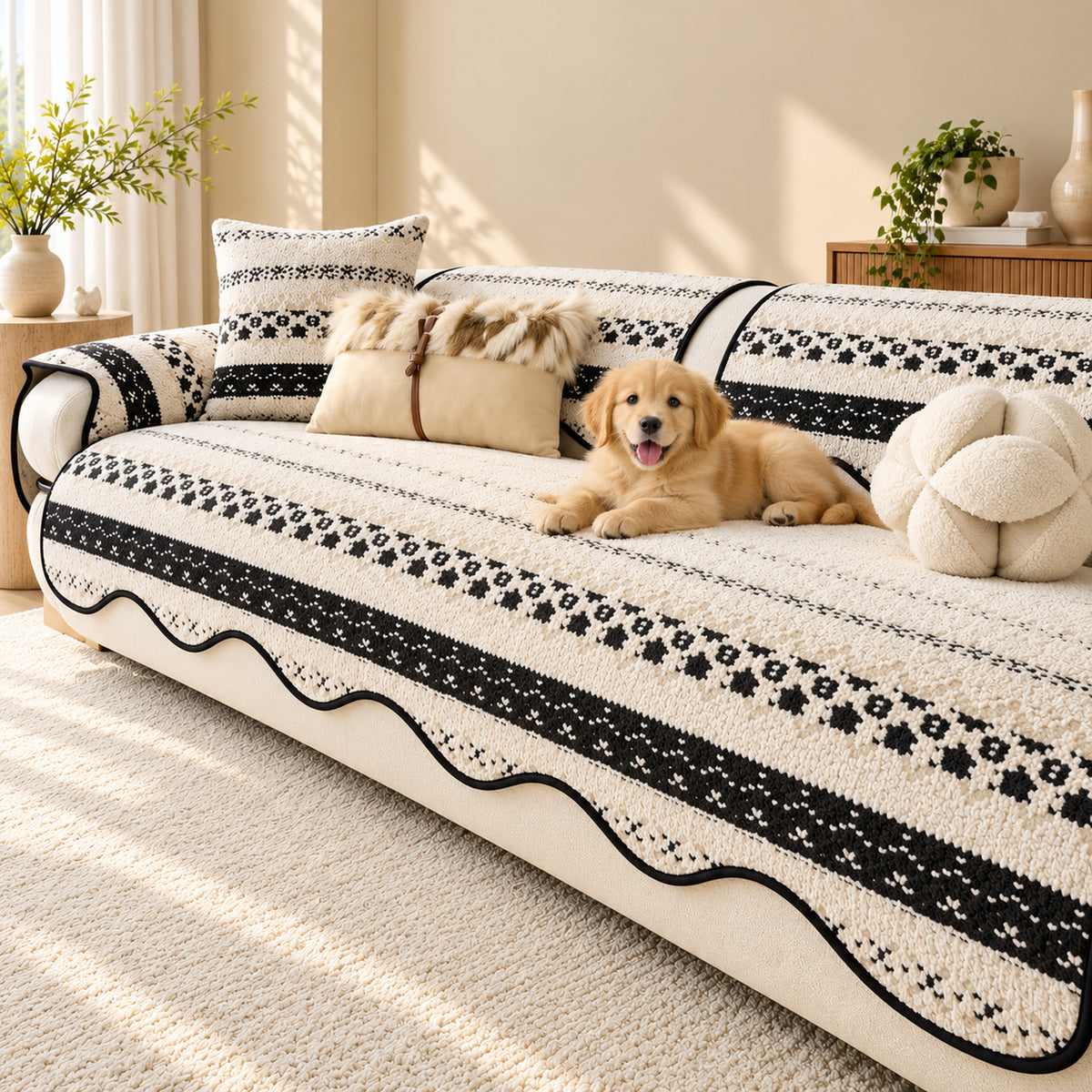 Plush Sofa Cover | Geometric Pattern with Non-Slip Backing