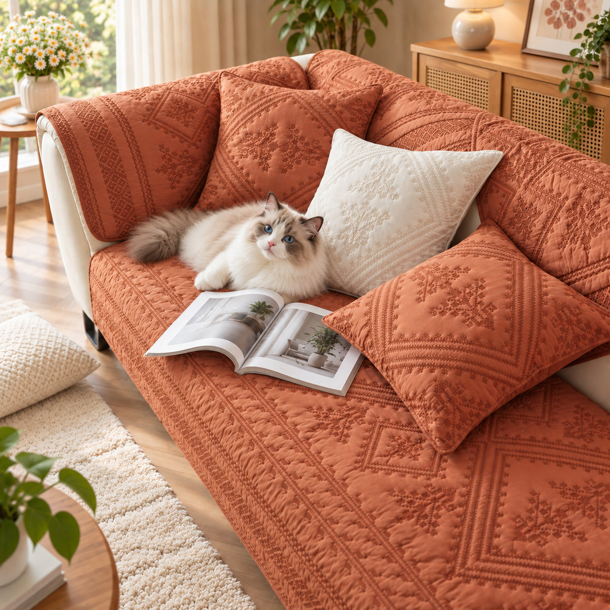 Diamond Sofa Cover | 100% Washed Cotton | Non-Slip & Washable