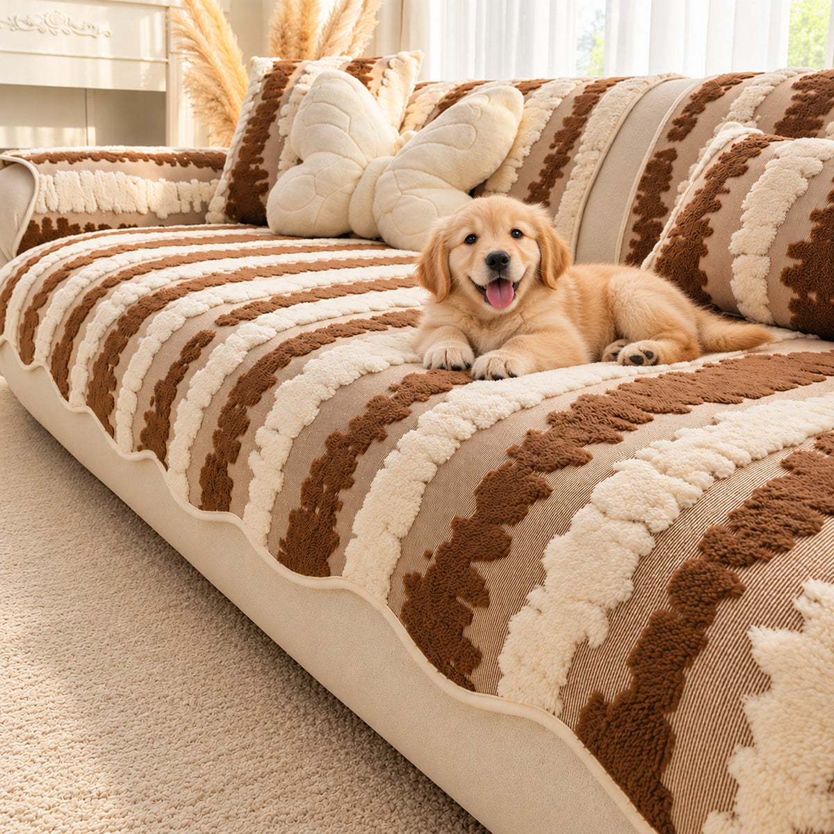 Plush Sofa Cover | Tufted Stripe Design | Non-Slip & Machine Washable