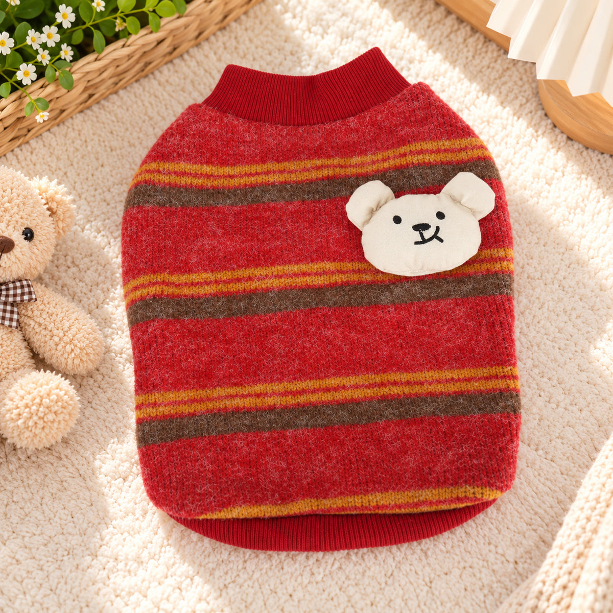 Dog Jumper with Bear Patch | Cosy Striped Winter Sweater
