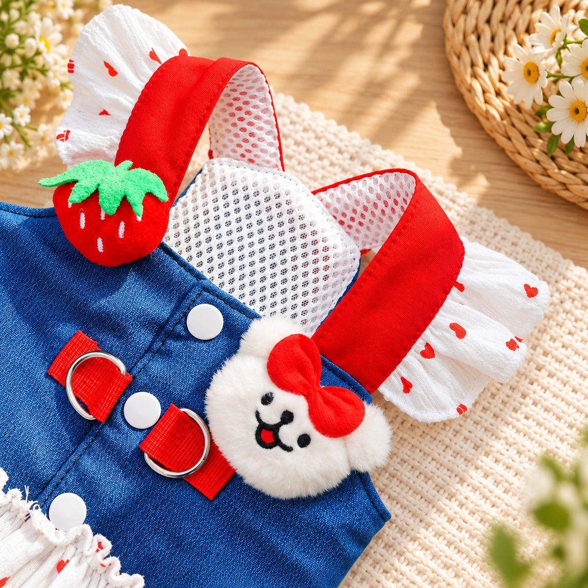 Dog Harness Dress with Matching Dog Lead | Washable Denim-Look Design with Ruffled Skirt