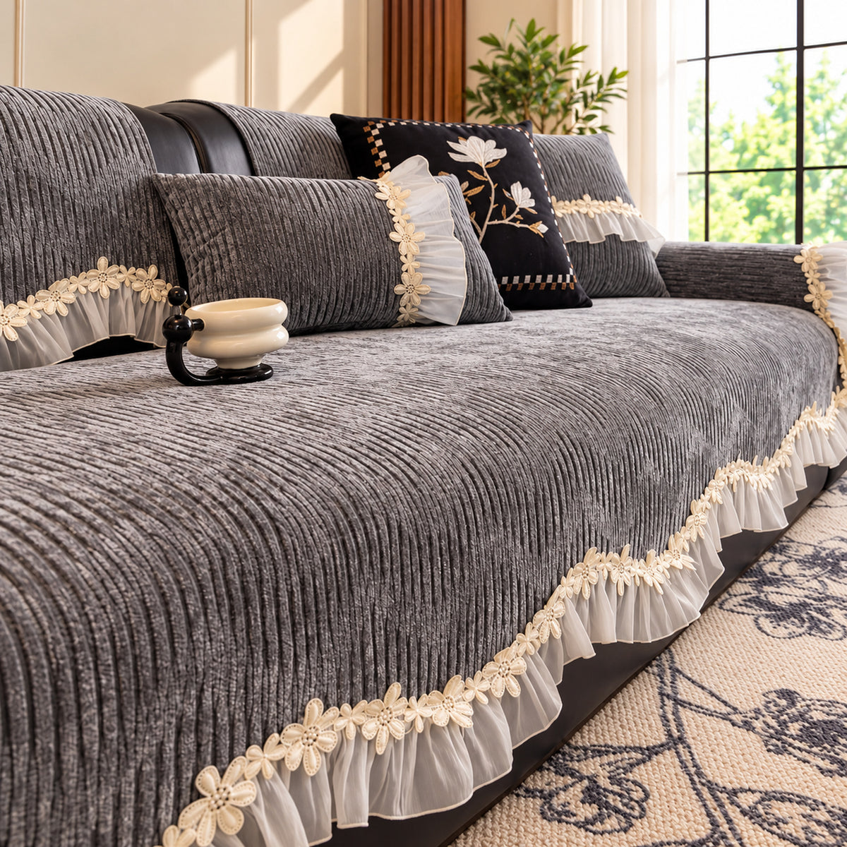 Chenille Sofa Cover | Non-Slip & Machine-Washable | Sofa Protector with Lace Trim