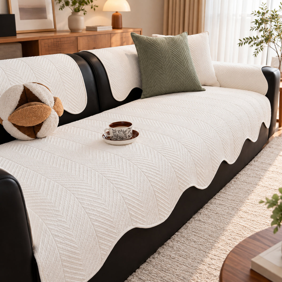 Cotton Herringbone Sofa Cover | Non-Slip Sofa Protector | Machine Washable