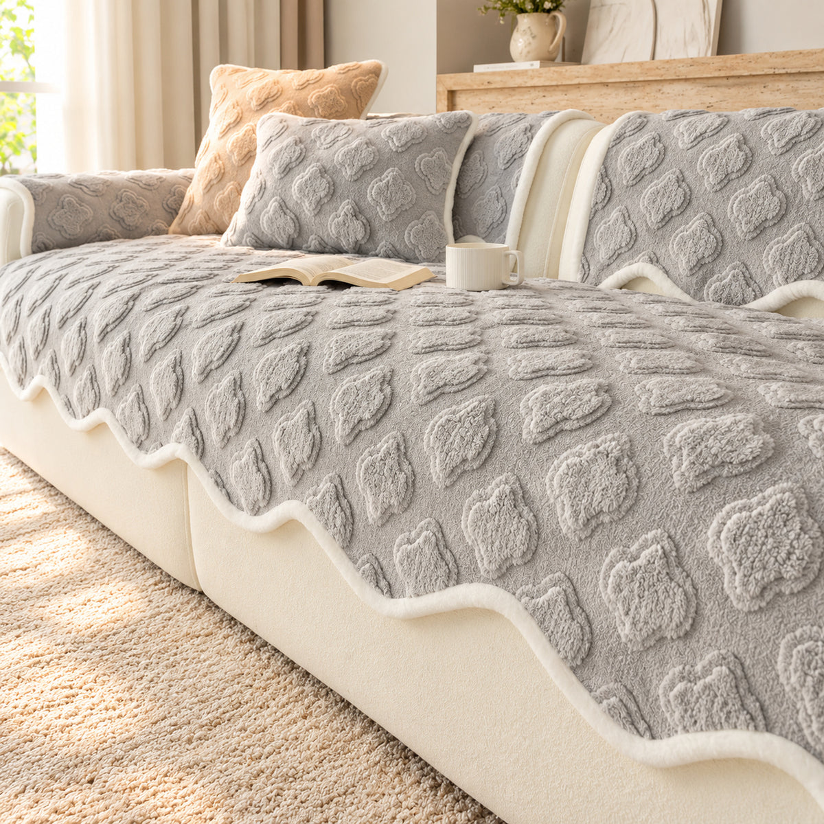 Plush Sofa Cover | Raised Floral Pattern, Non-Slip & Machine Washable