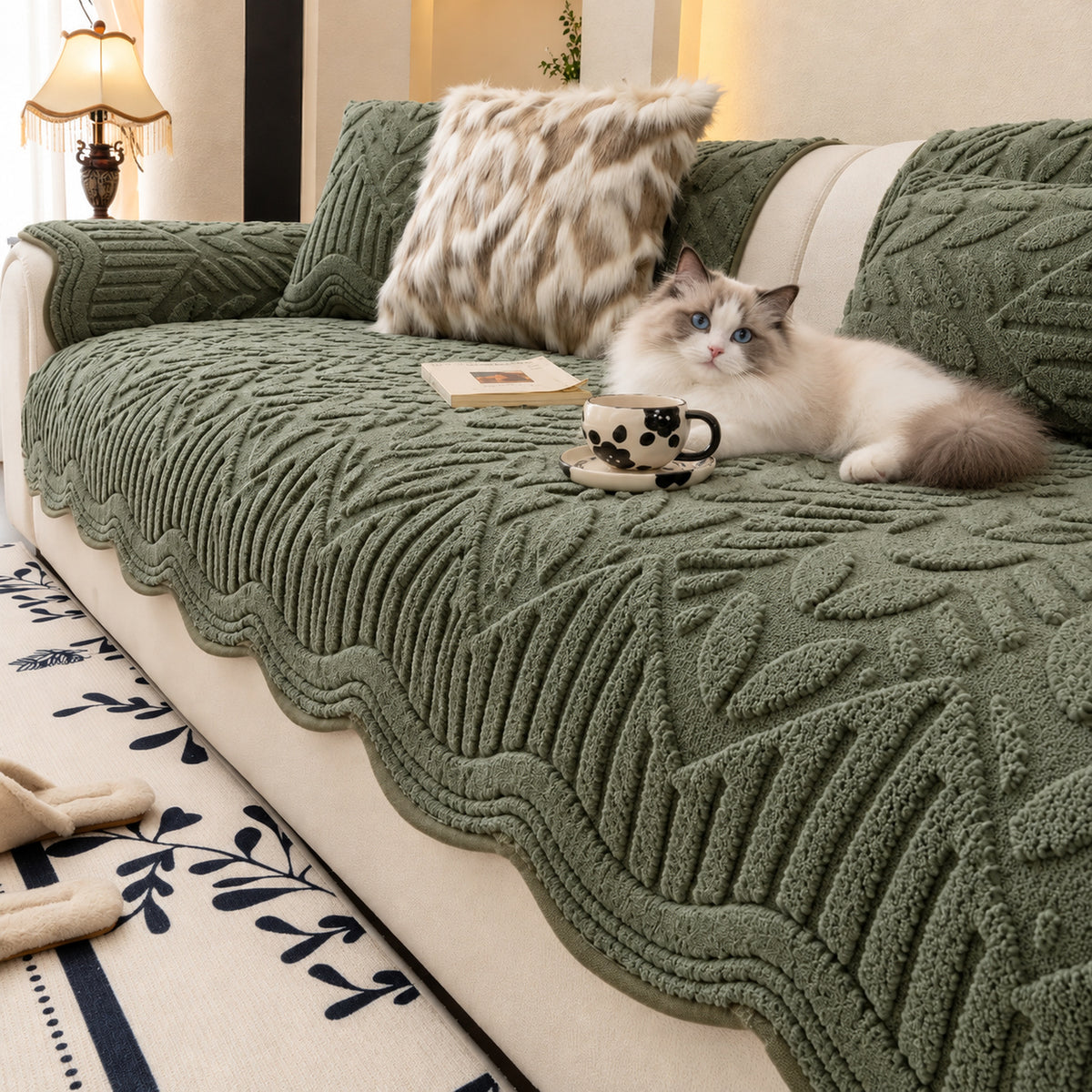 Leaf-Pattern Soft Fleece Sofa Cover | Non-Slip & Machine Washable