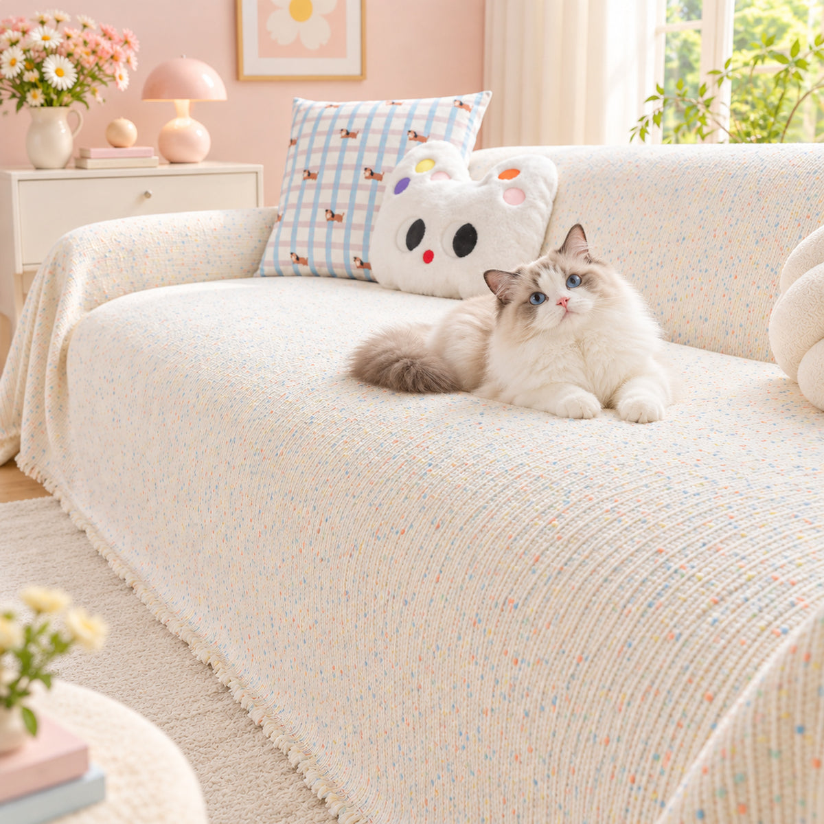 Pastel Colour Chenille Sofa Cover | Non-Slip & Machine-Washable