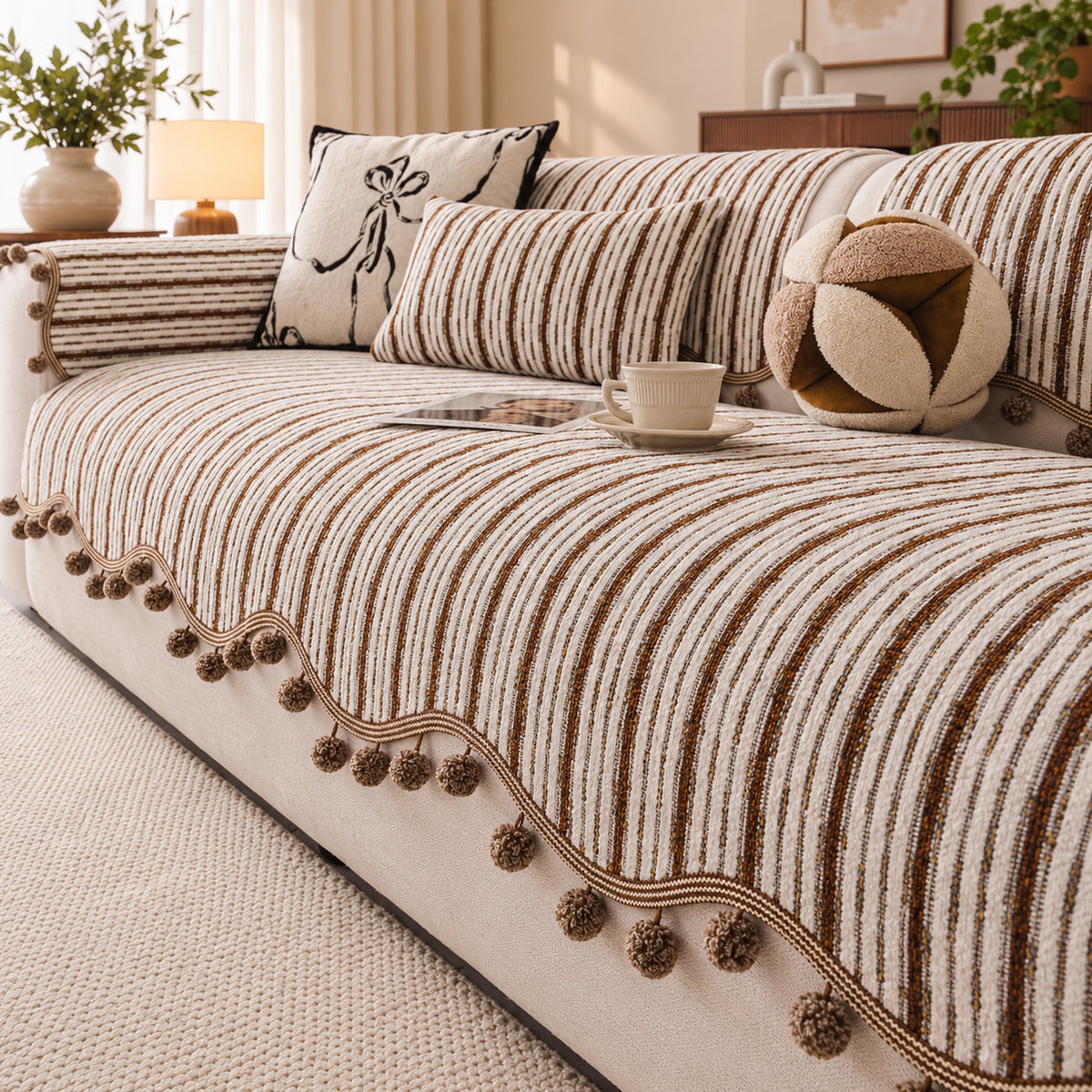 Striped Chenille Sofa Cover | Cat-Scratch-Resistant Sofa Protector | Washable & Non-Slip