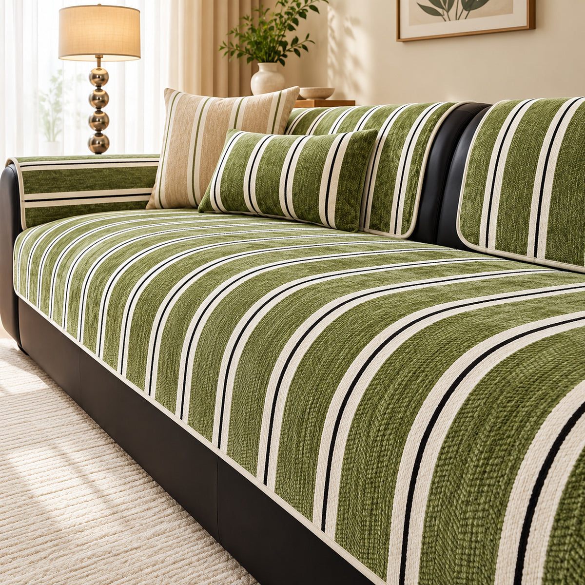 Chenille Sofa Cover | Striped Non-Slip Sofa Protector