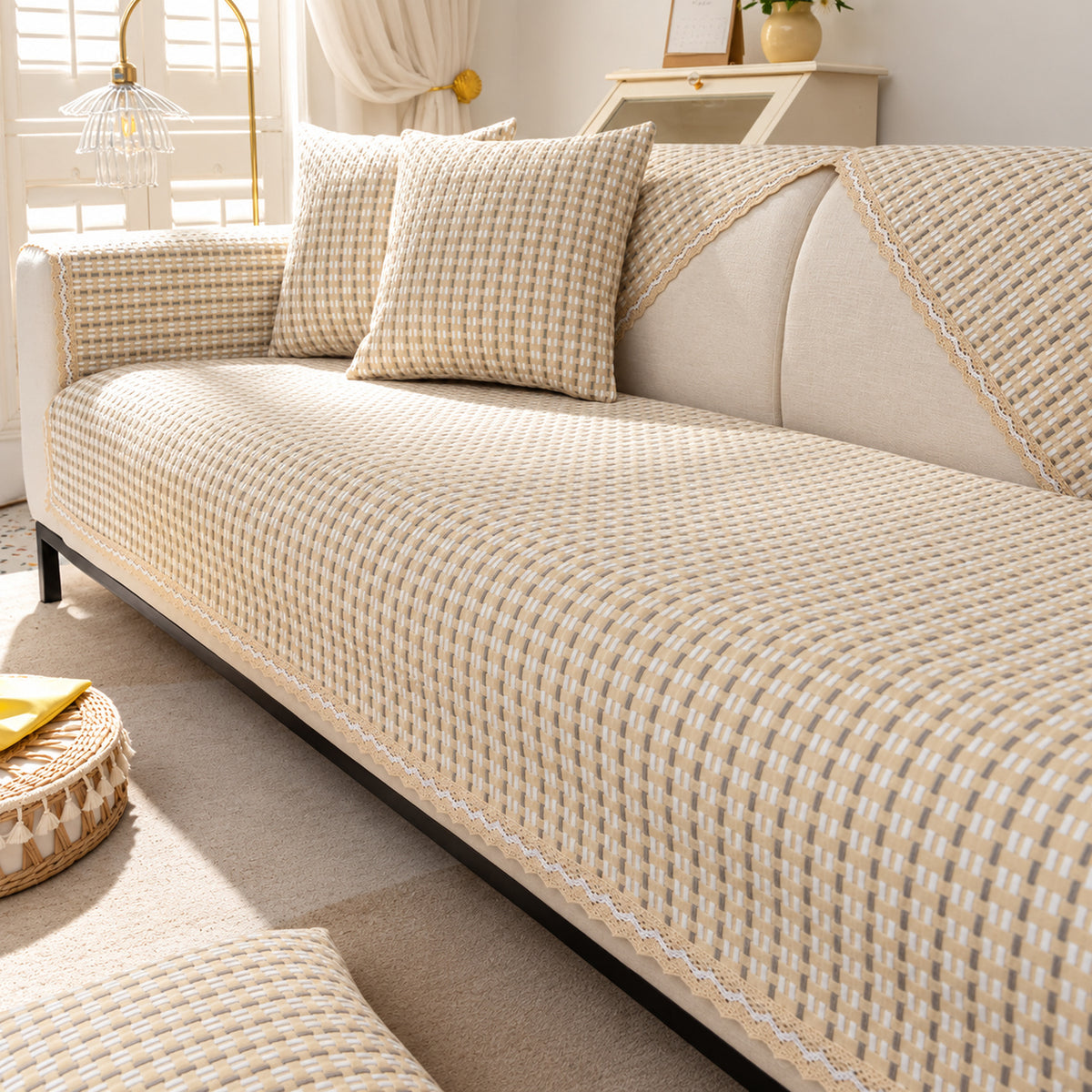 Cotton & Linen Lattice Sofa Cover | Non-Slip Washable | Sofa Protector