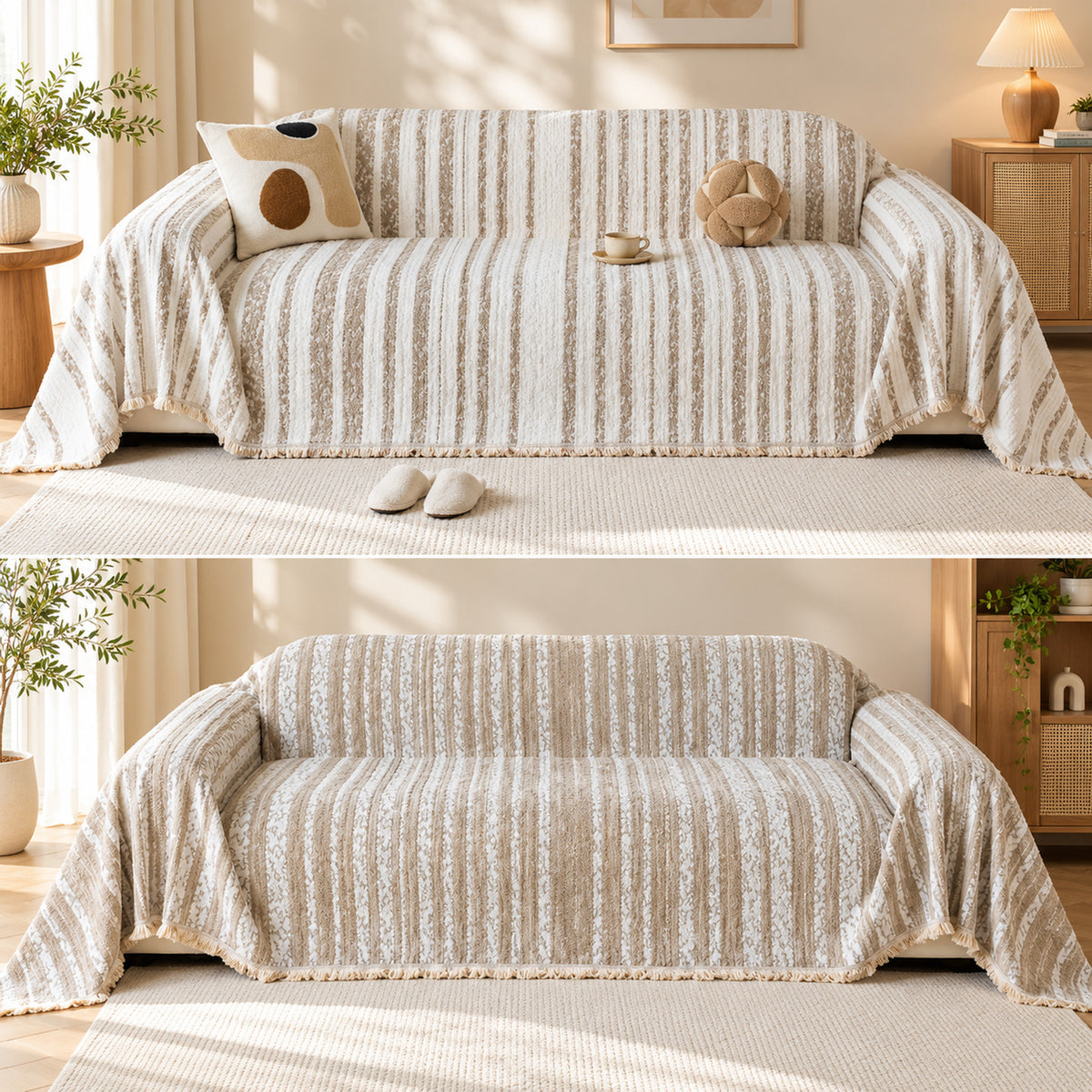 Non-Slip Sofa Cover | Reversible Striped Sofa Throw | Machine Washable