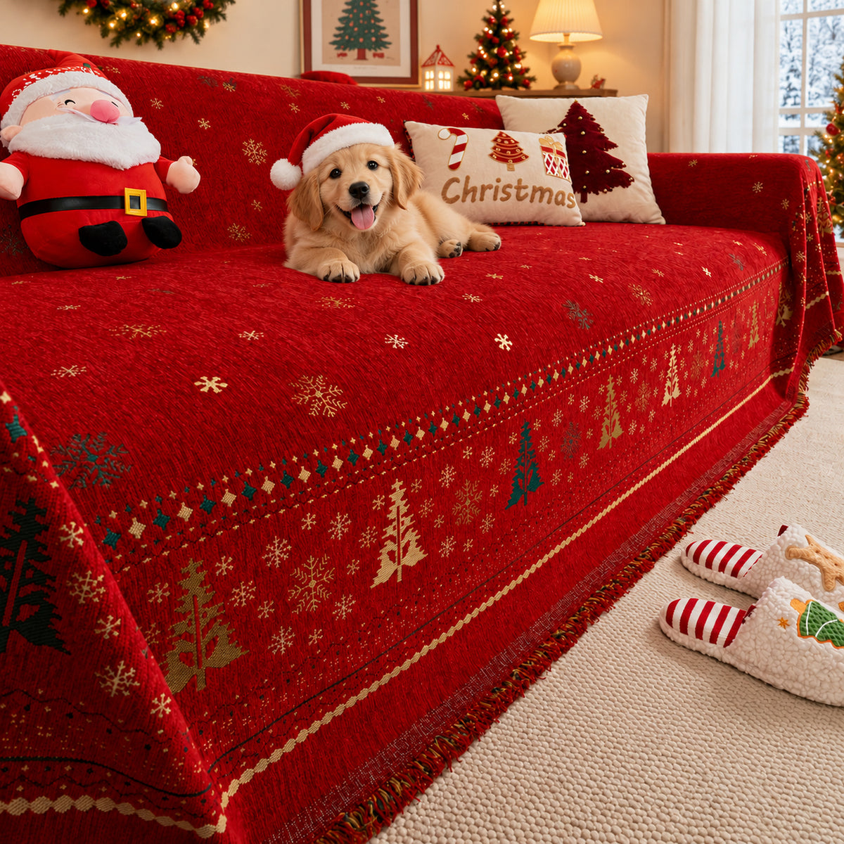Christmas Sofa Throw | Non-Slip Chenille Sofa Cover | Machine Washable