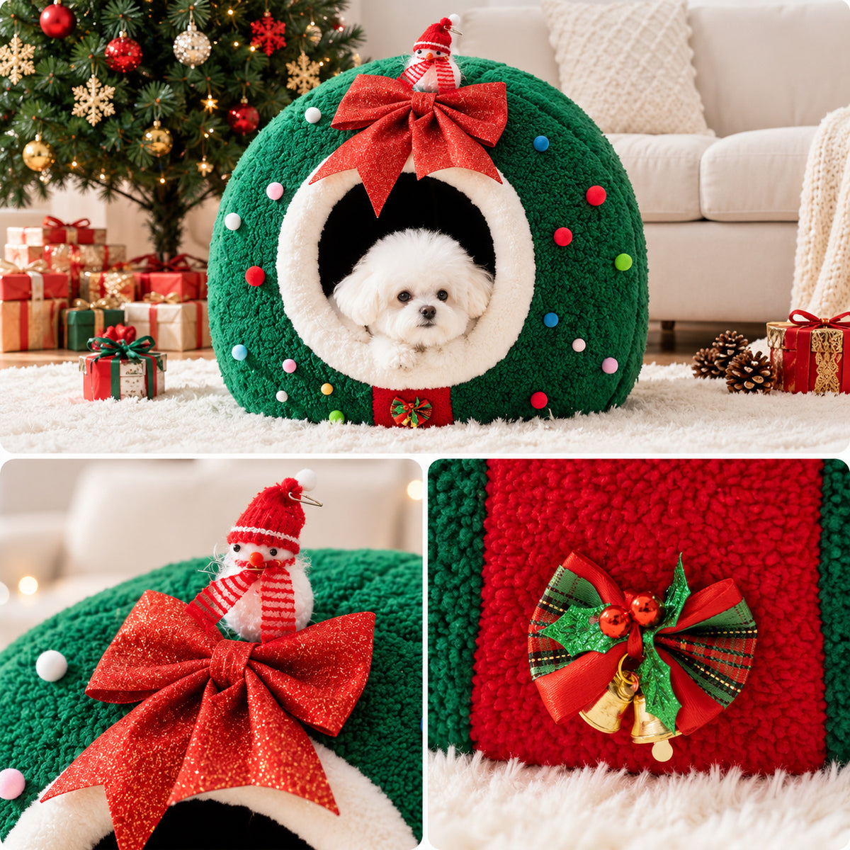Christmas Dog Bed | Cosy Cave for Small Dog and Cat | Soft Fleece, Non-Slip Base