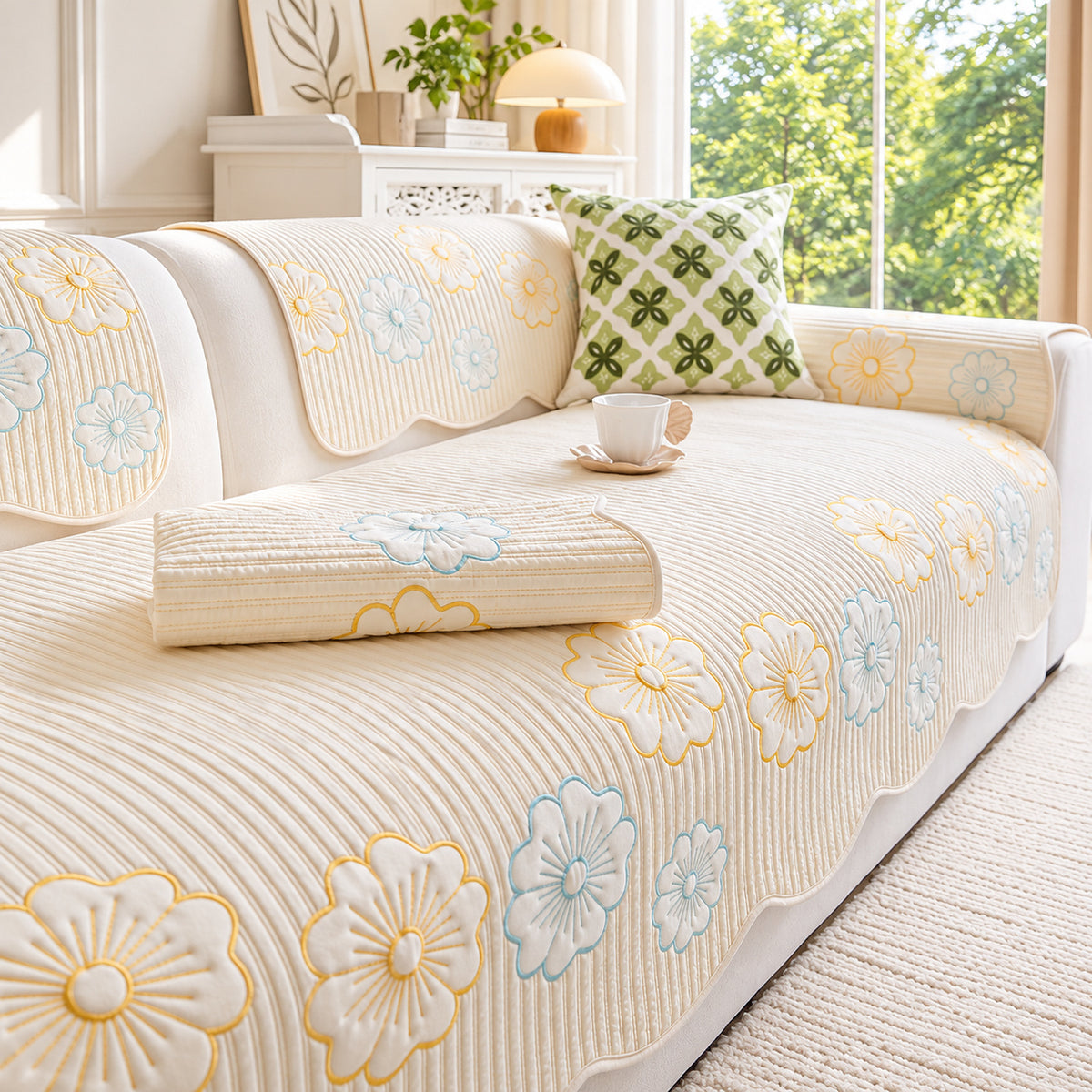 Quilted Floral Cotton Sofa Cover | Non-Slip & Machine Washable