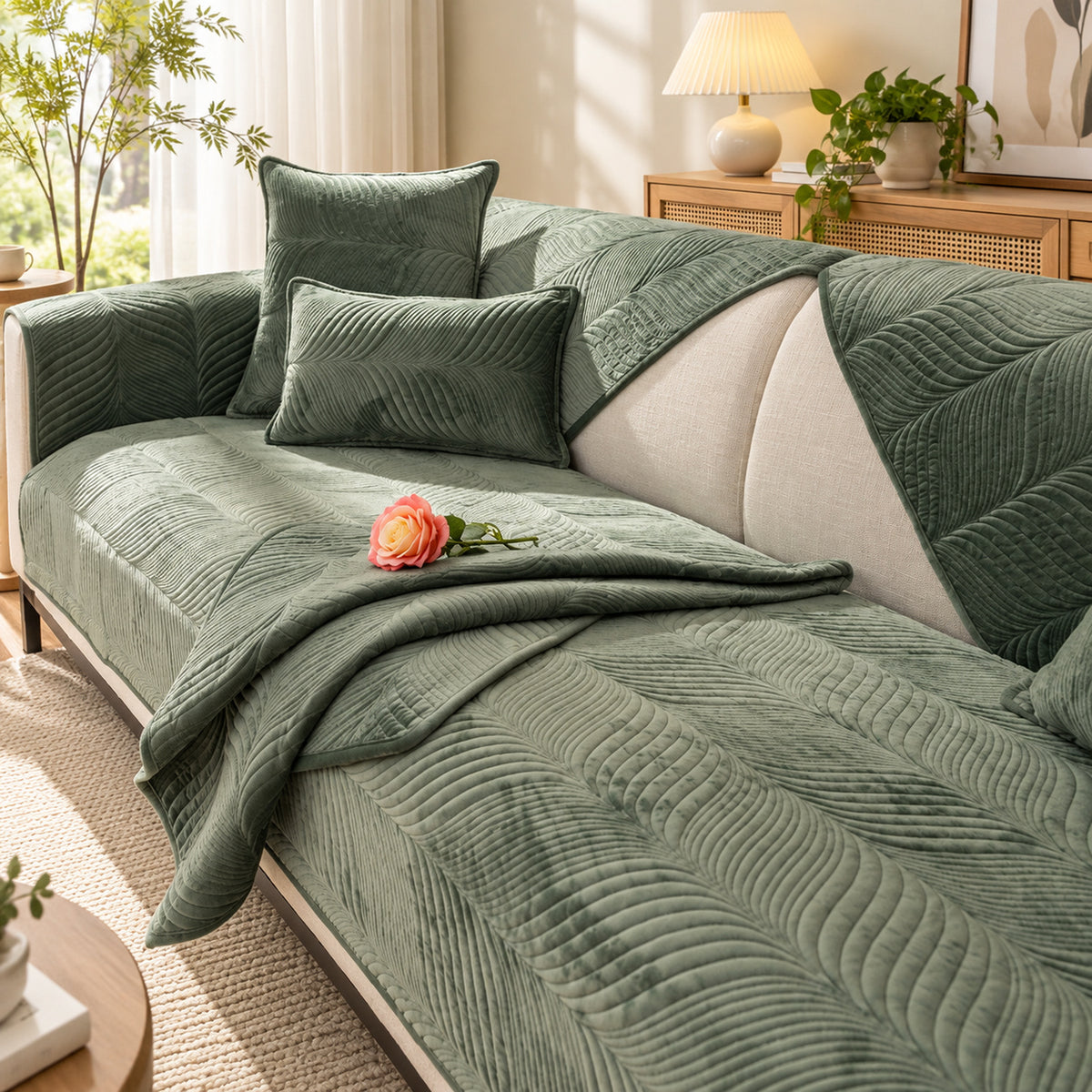 Plush Sofa Cover with Wavy Stitching | Non-Slip & Machine Washable